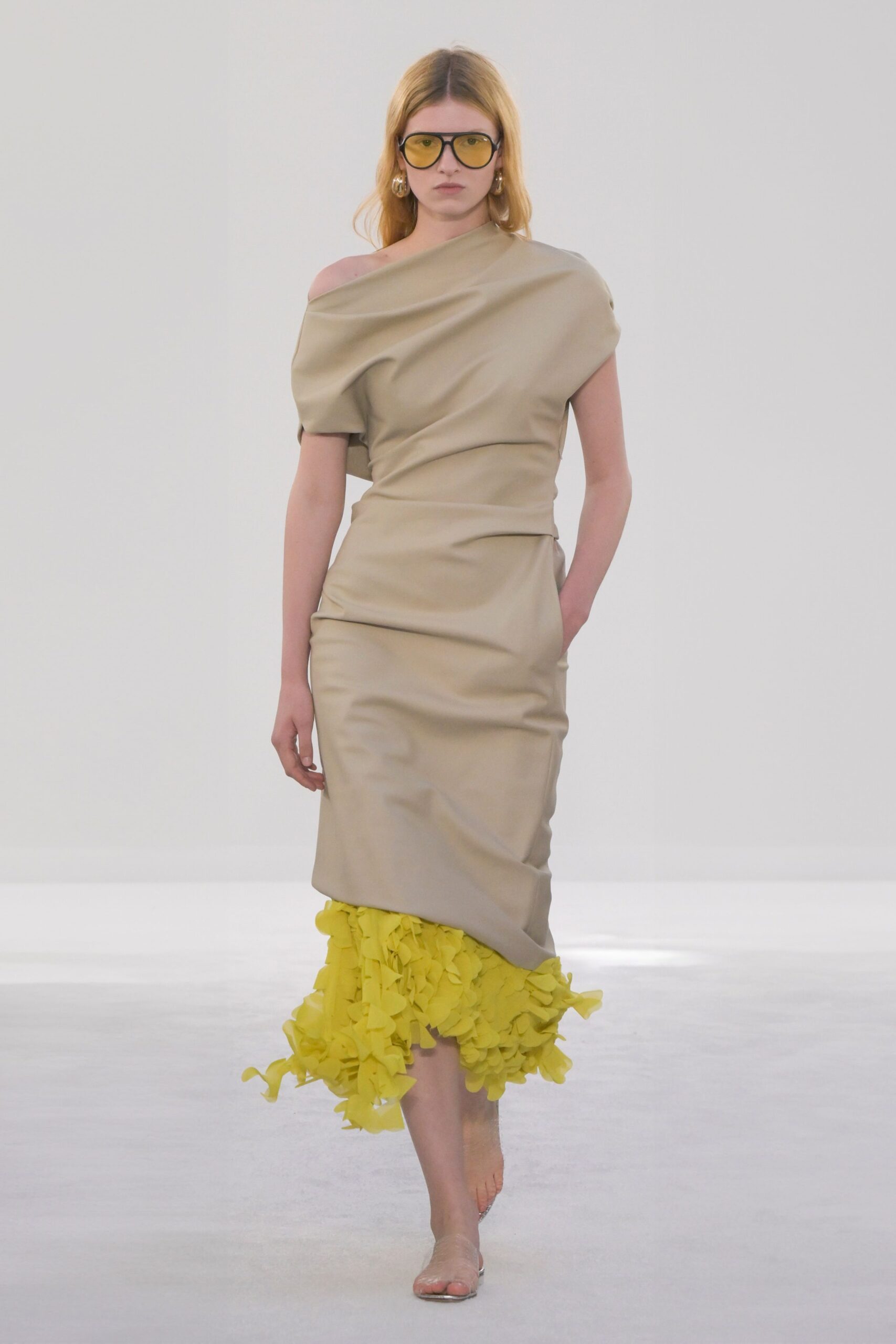 beige off-shoulder ruffled dress
