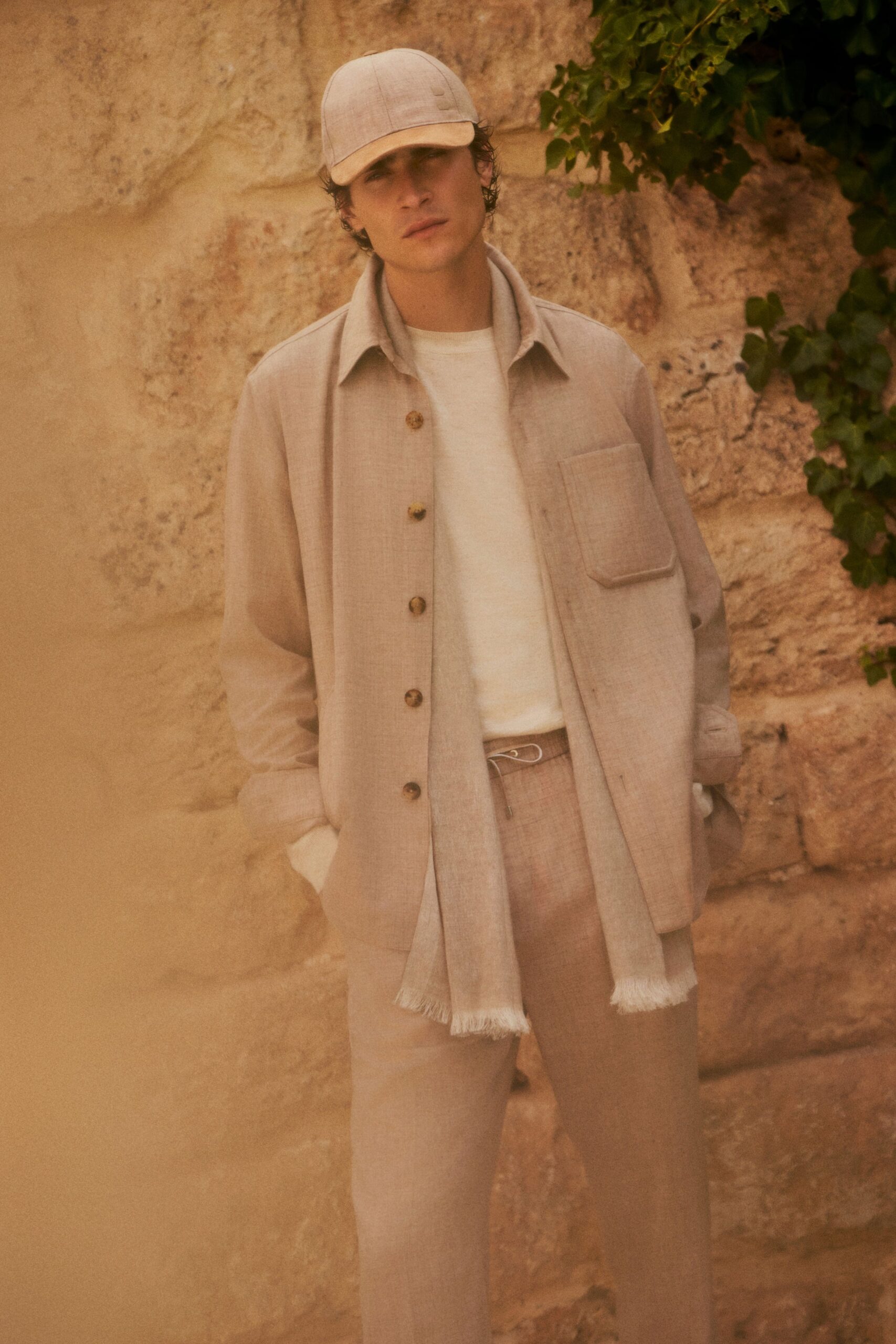 beige cotton high-neck structured pockets hat