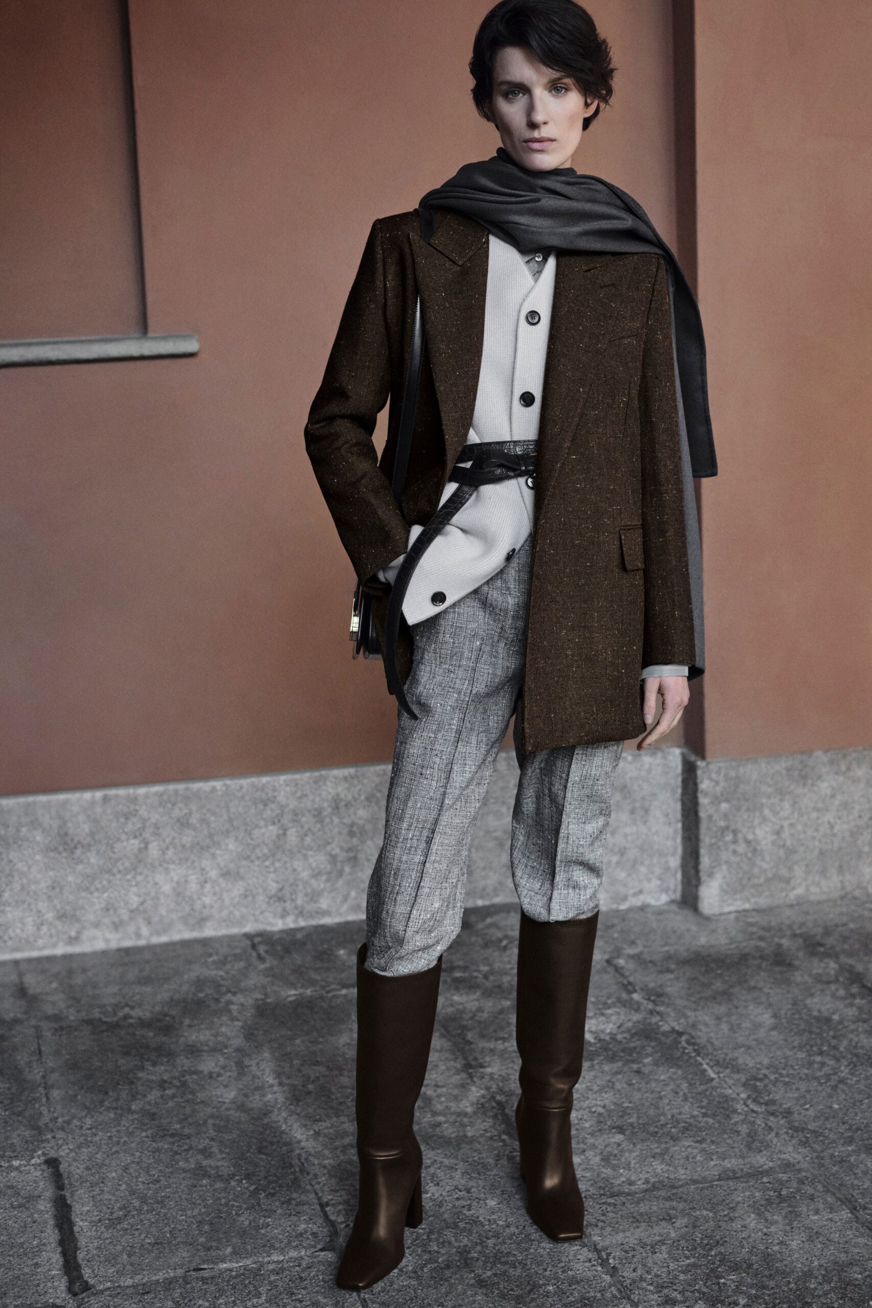 gray wool slim checked pants