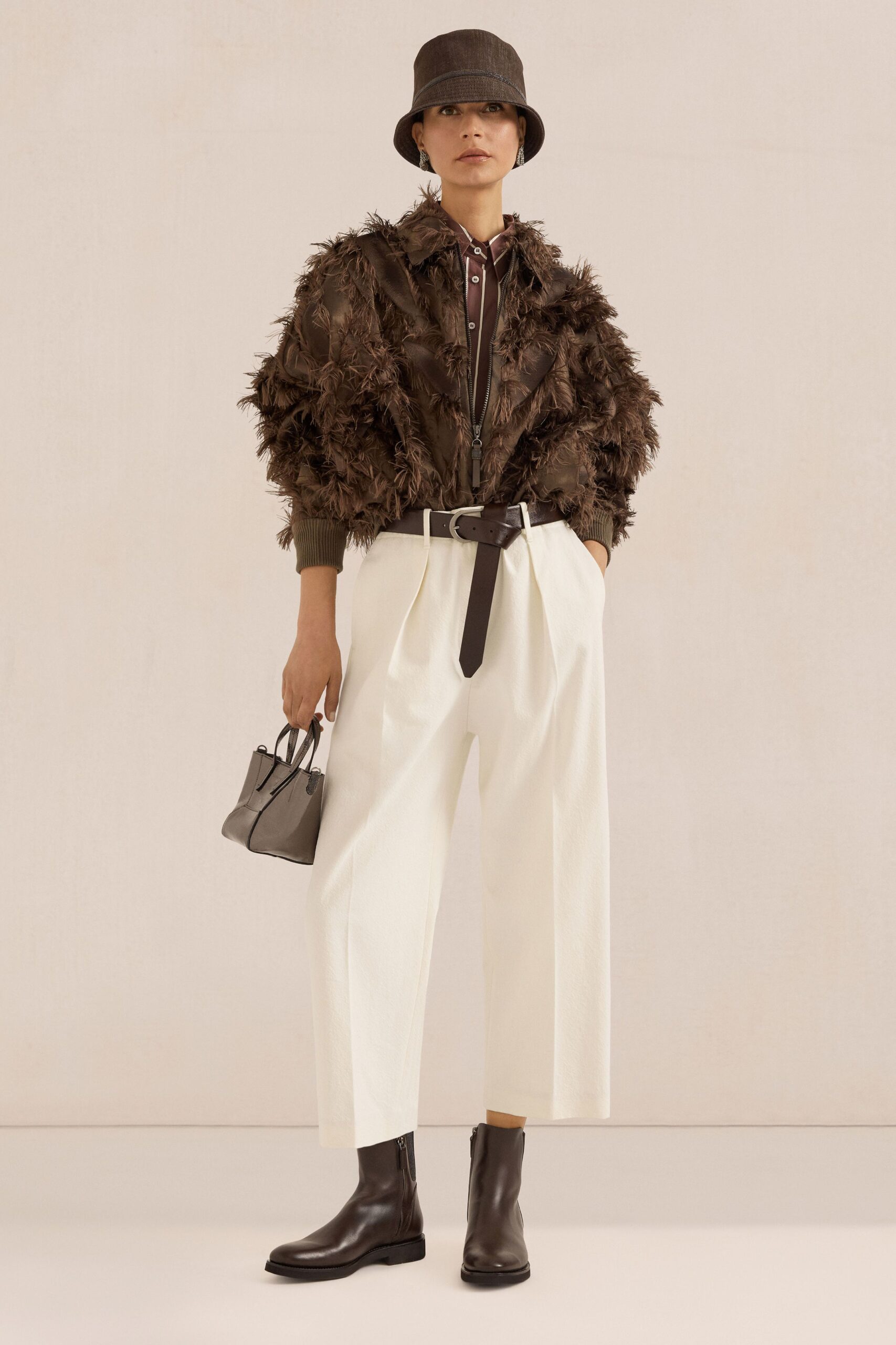 brown fur long-sleeve collared relaxed fringed jacket
