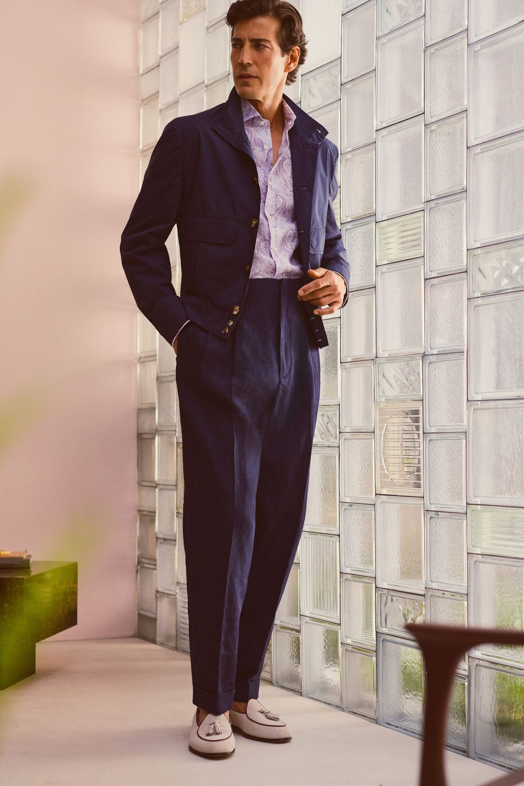 blue cotton long-sleeve collared tailored buttoned jacket