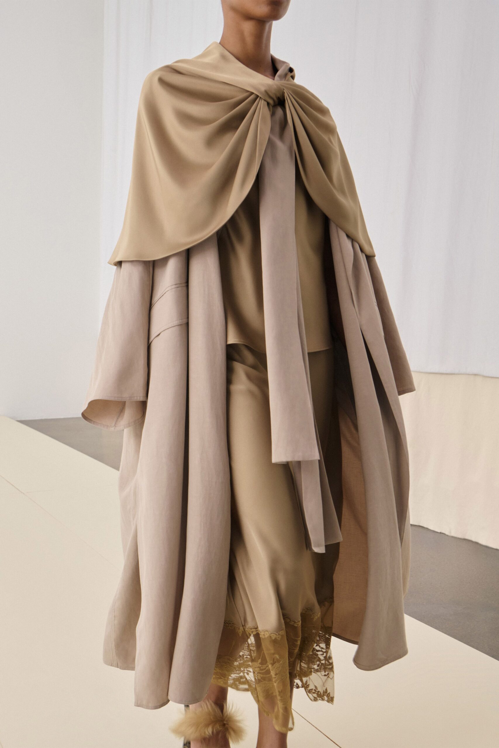 beige silk long-sleeve relaxed draped cape