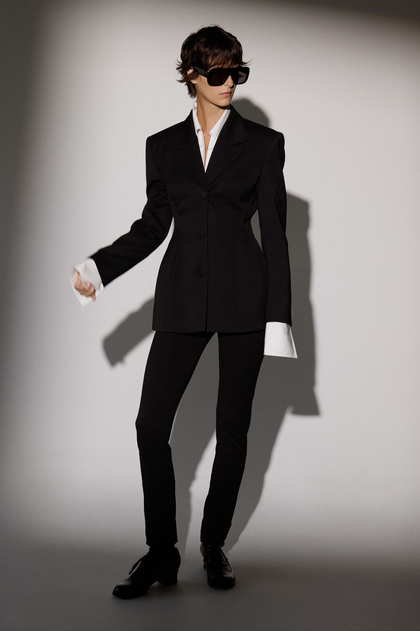 black tailored blazer with white shirt