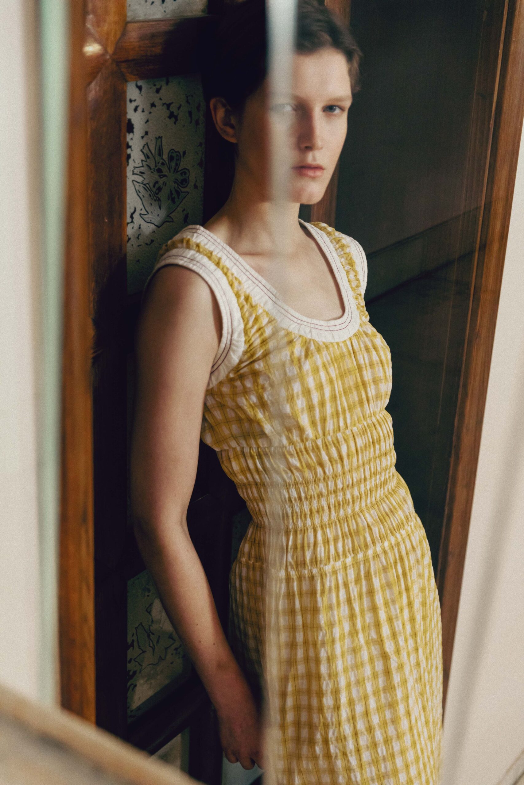 yellow checked midi dress