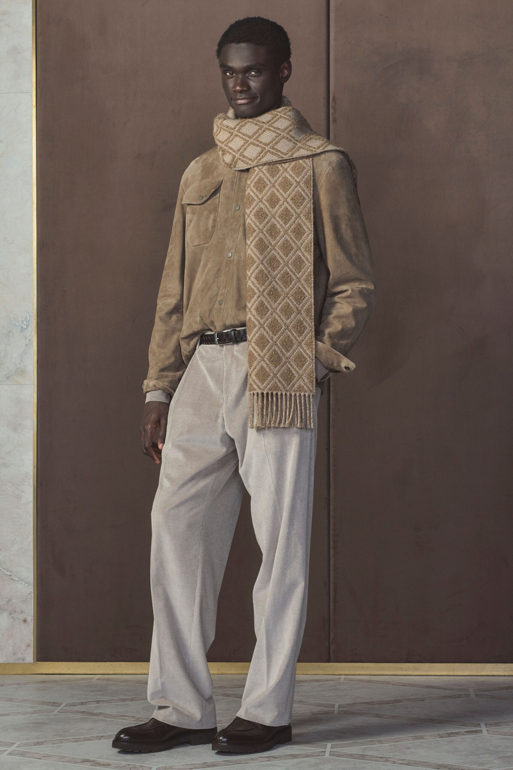 brown suede long-sleeve collared relaxed shirt