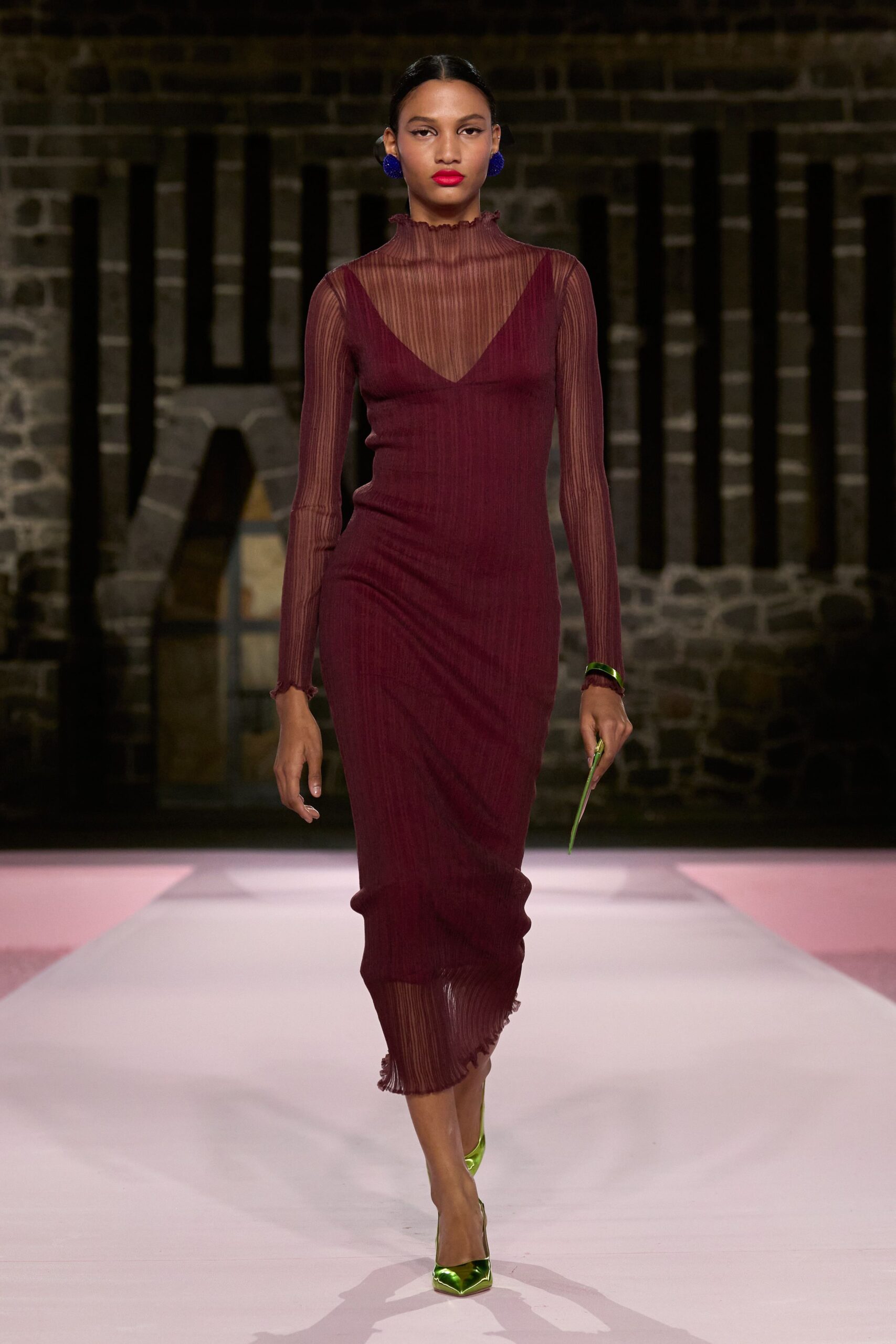 maroon silk long-sleeve v-neck fitted pleated sheer dress