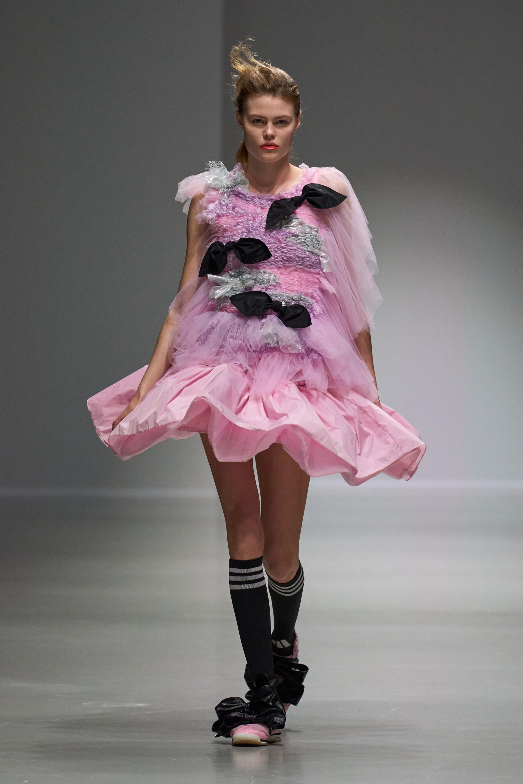 pink tulle sleeveless v-neck fitted ruffled layered dress