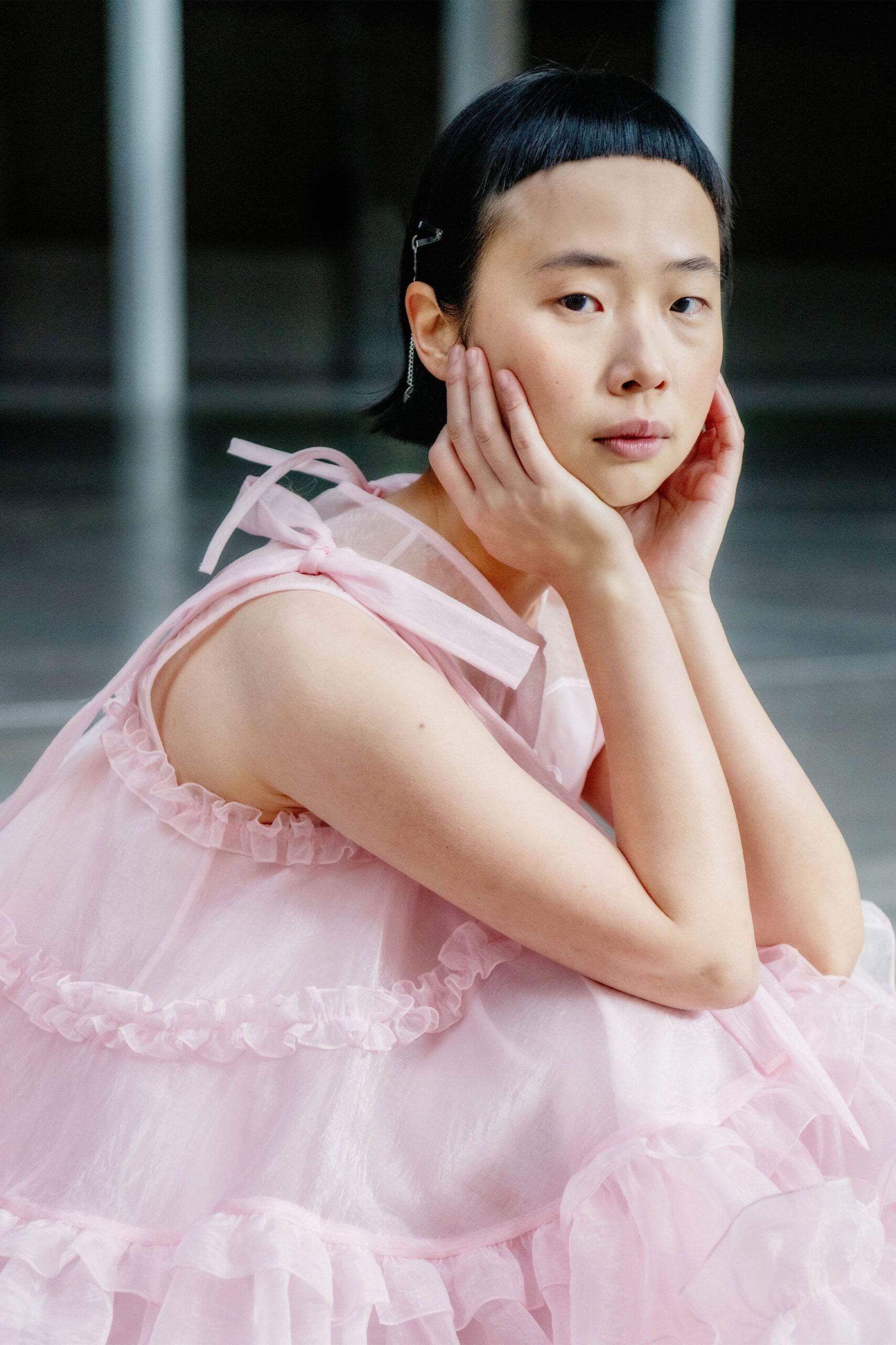 pink ruffled midi dress