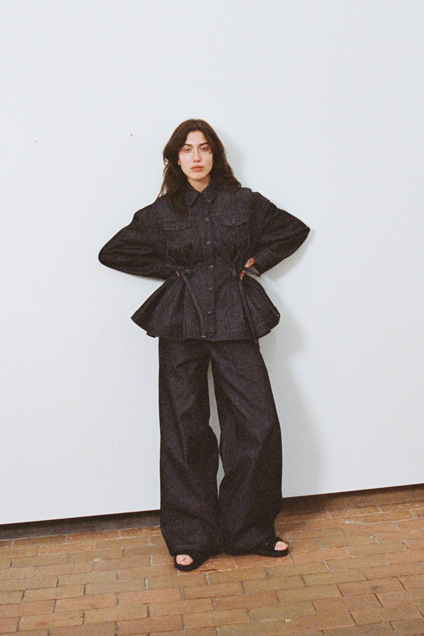 black denim long-sleeve collared relaxed pleated jacket