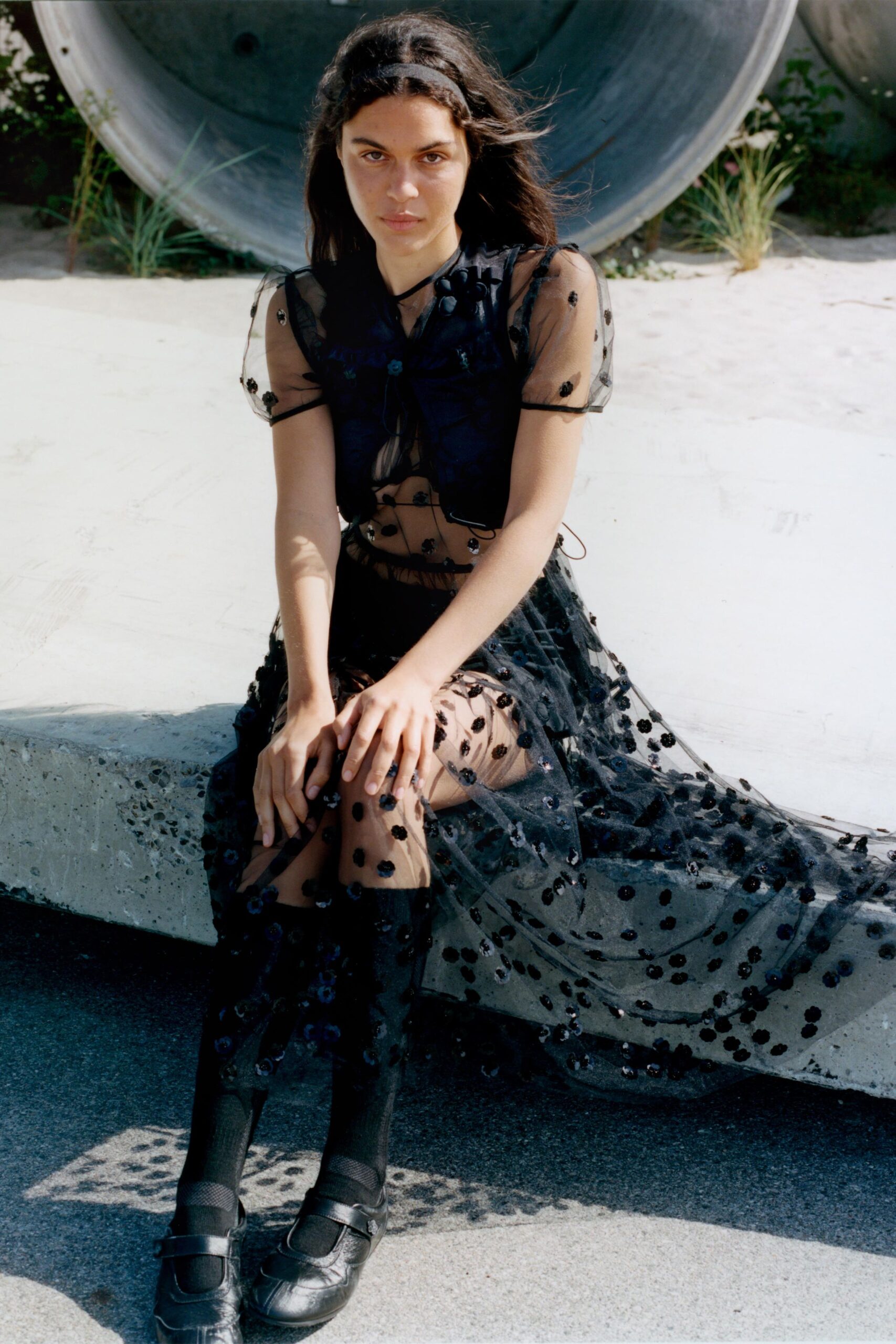 black mesh relaxed layered embellished sheer flowing skirt