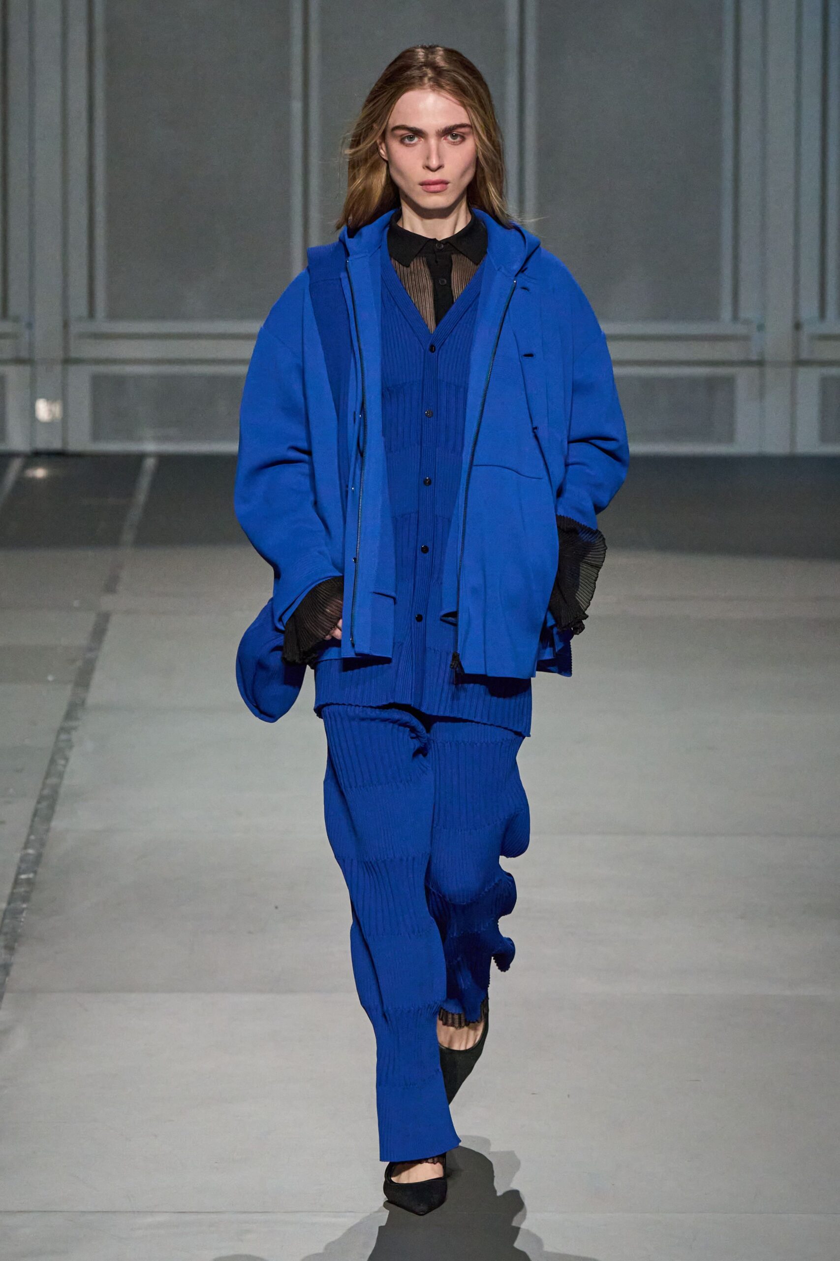 blue oversized jacket with fitted vest