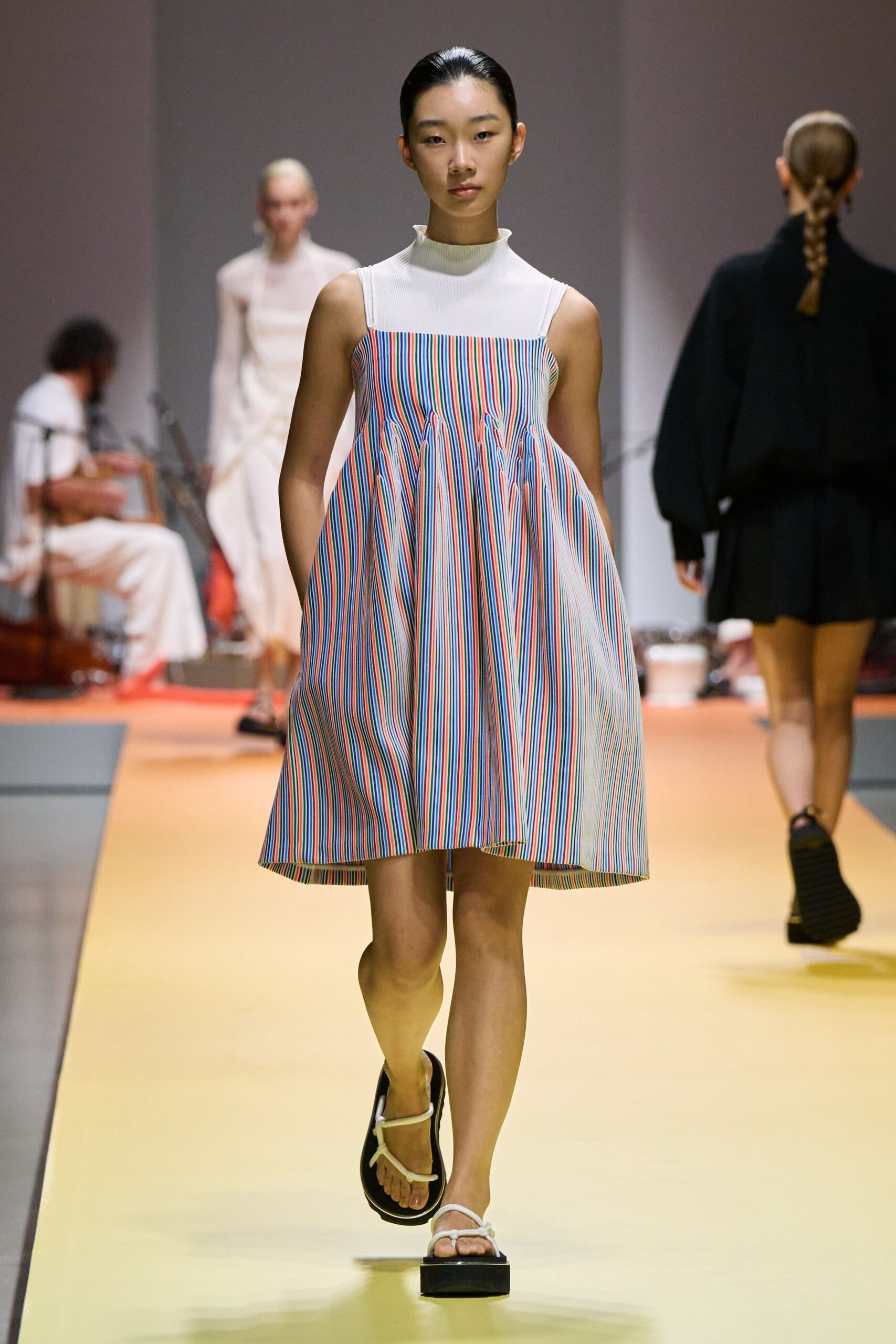 striped short dress with platform shoes