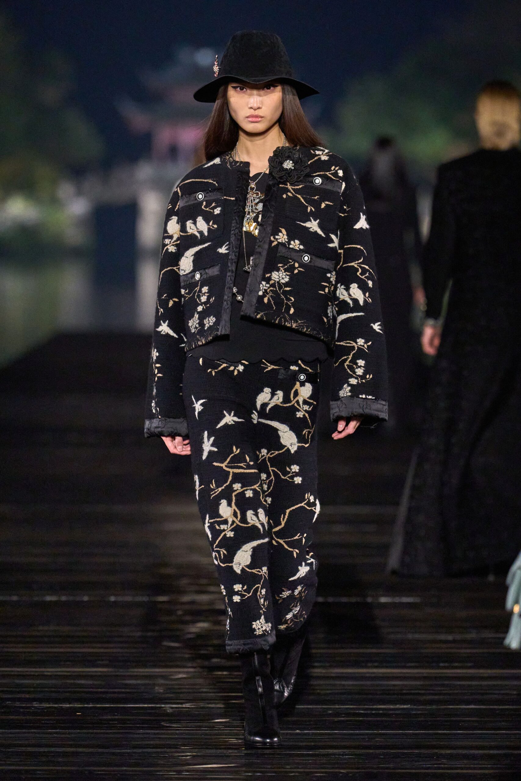 black embroidered jacket and skirt