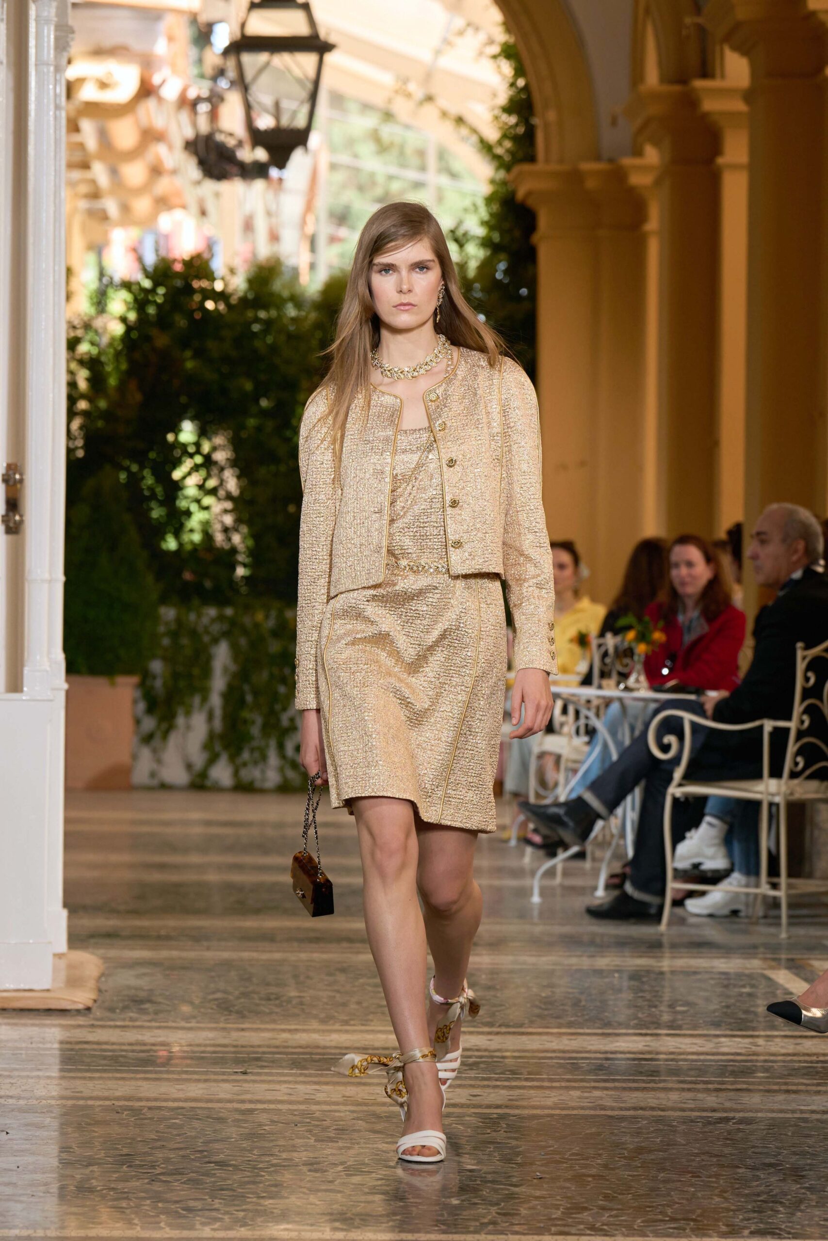 beige tweed long-sleeve collared structured buttoned textured jacket