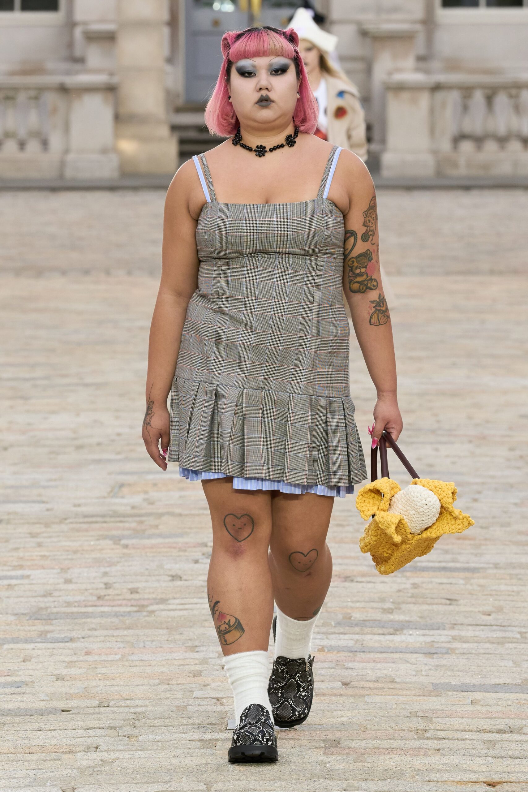 gray cotton sleeveless square-neck fitted striped pleated dress