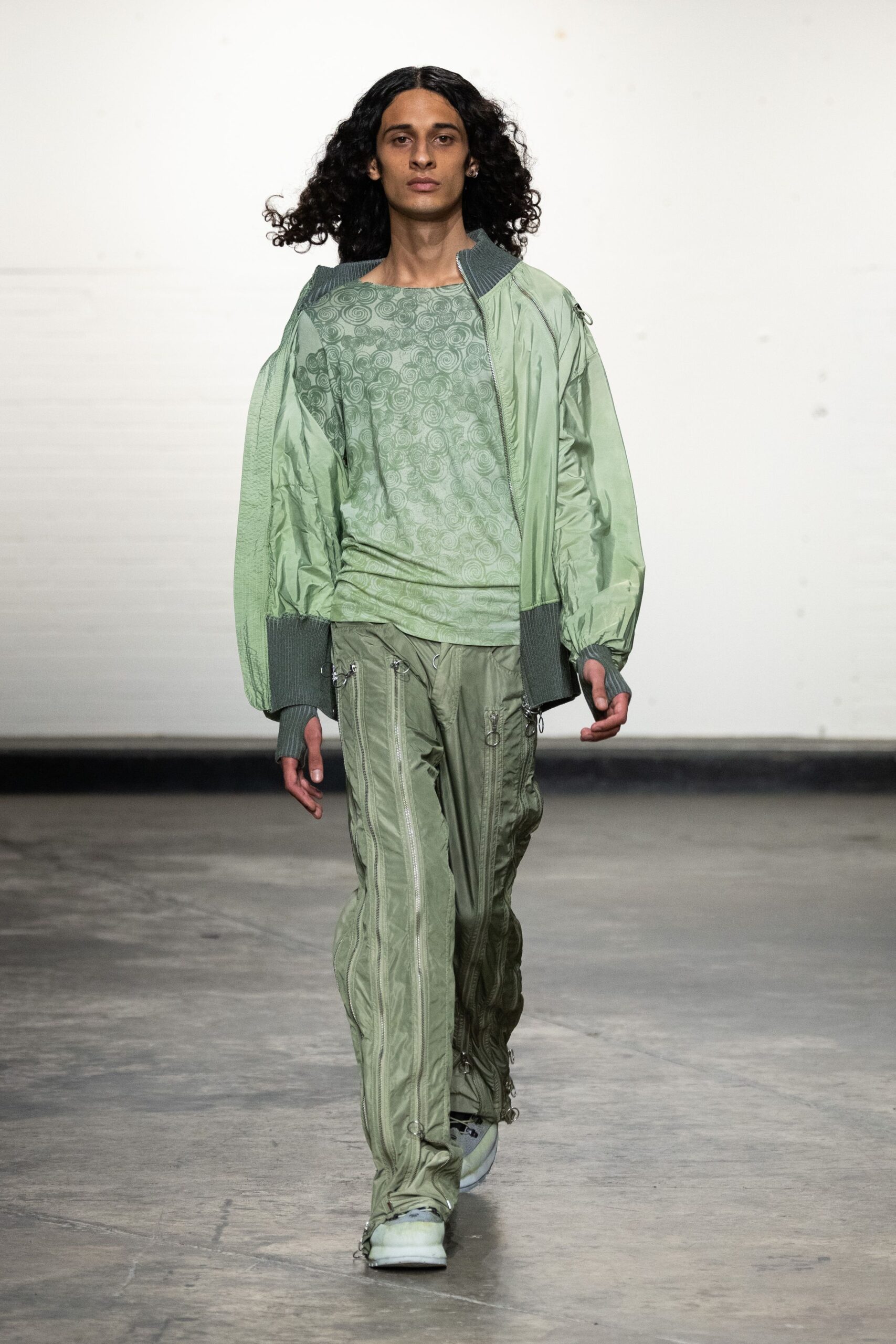 green silk slim zippered pants