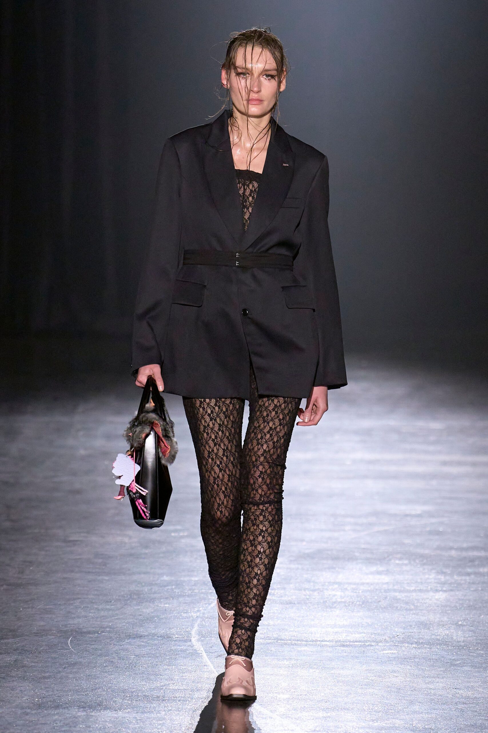 black oversized blazer with mesh bodysuit