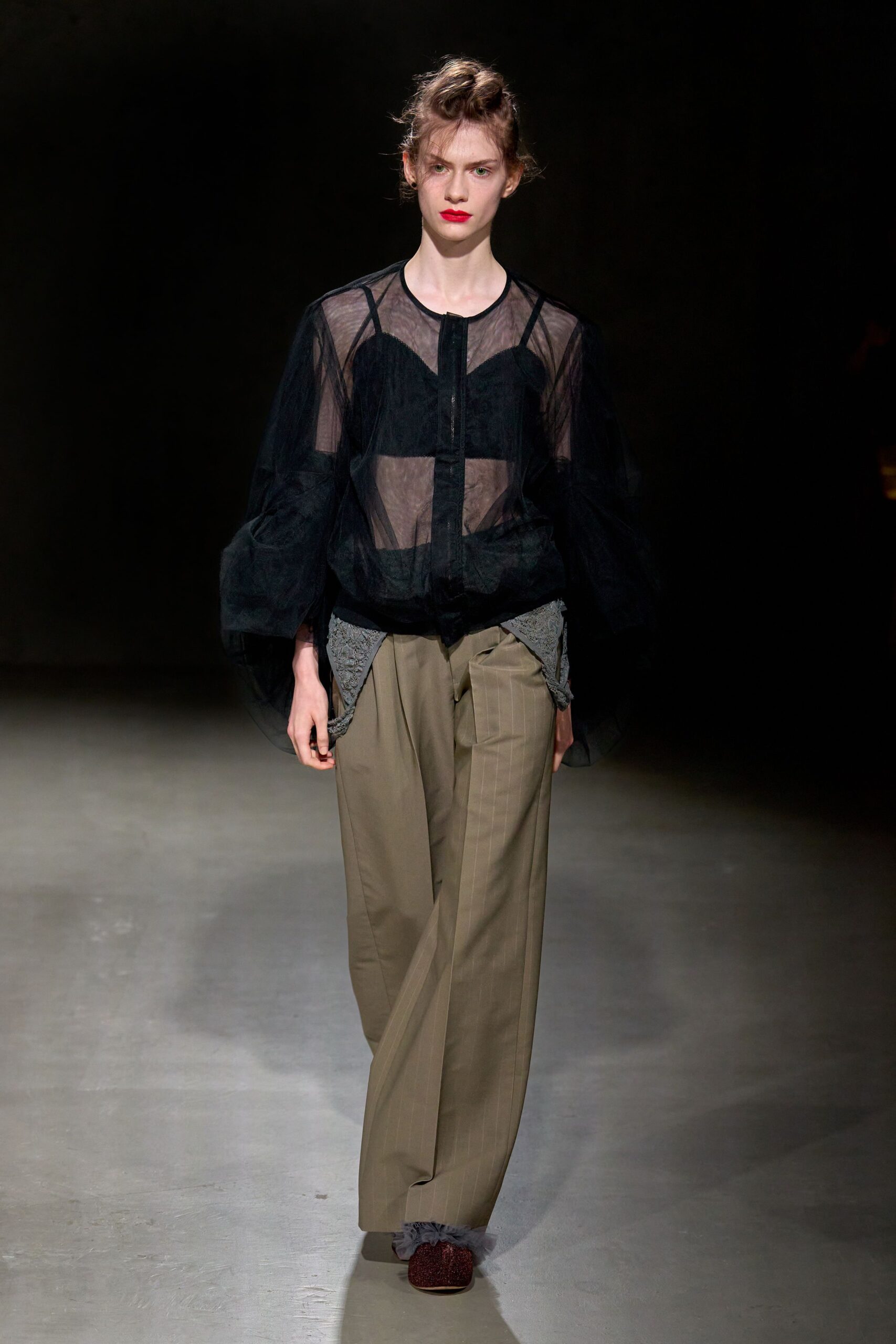black mesh long-sleeve collared relaxed layered sheer blouse