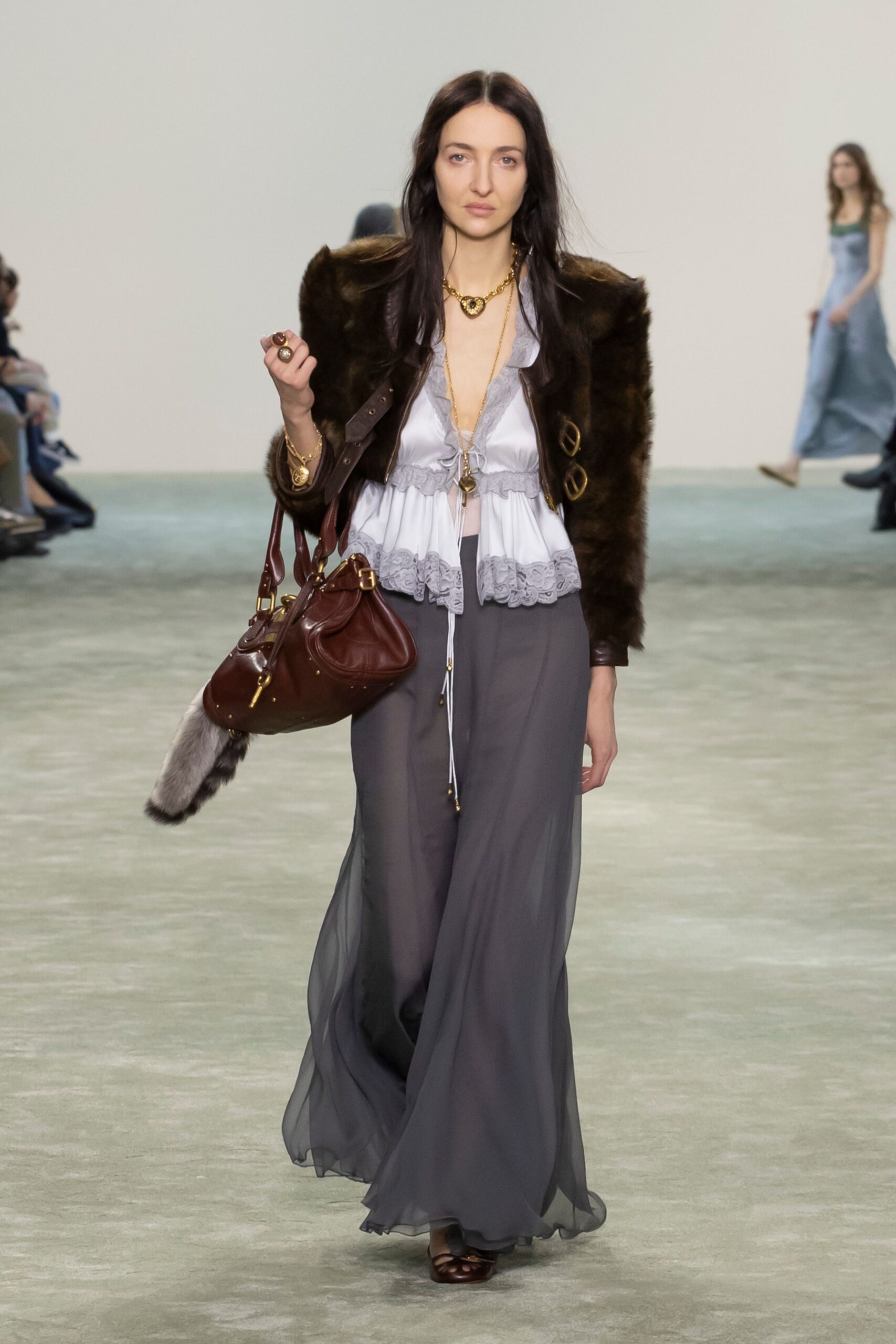 gray silk relaxed high-waisted layered flowing maxi skirt