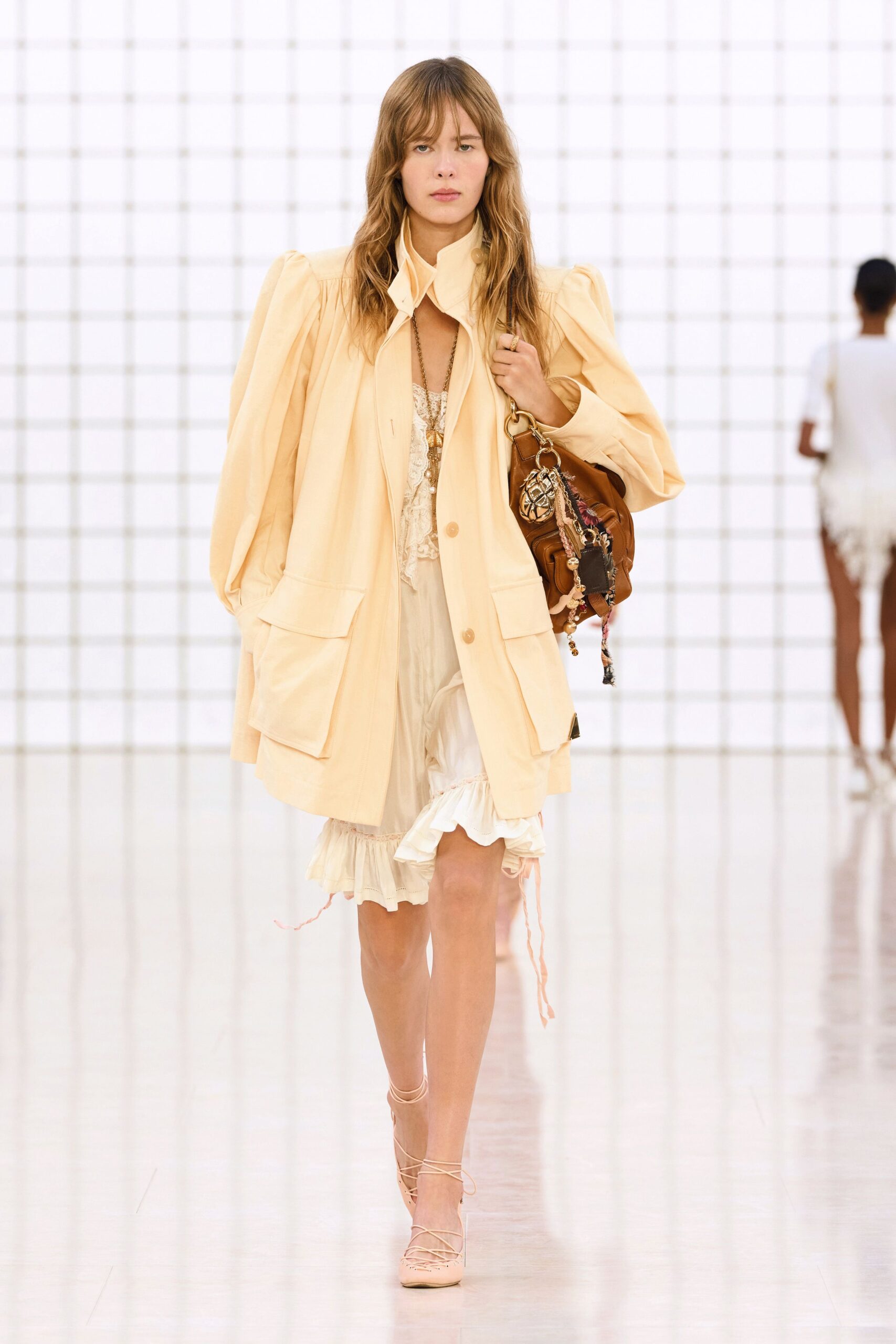beige jacket white mini dress