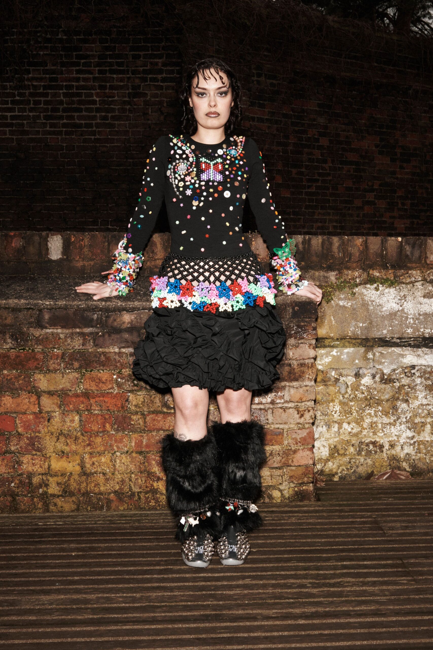 black cotton long-sleeve collared fitted embroidered ruffled dress