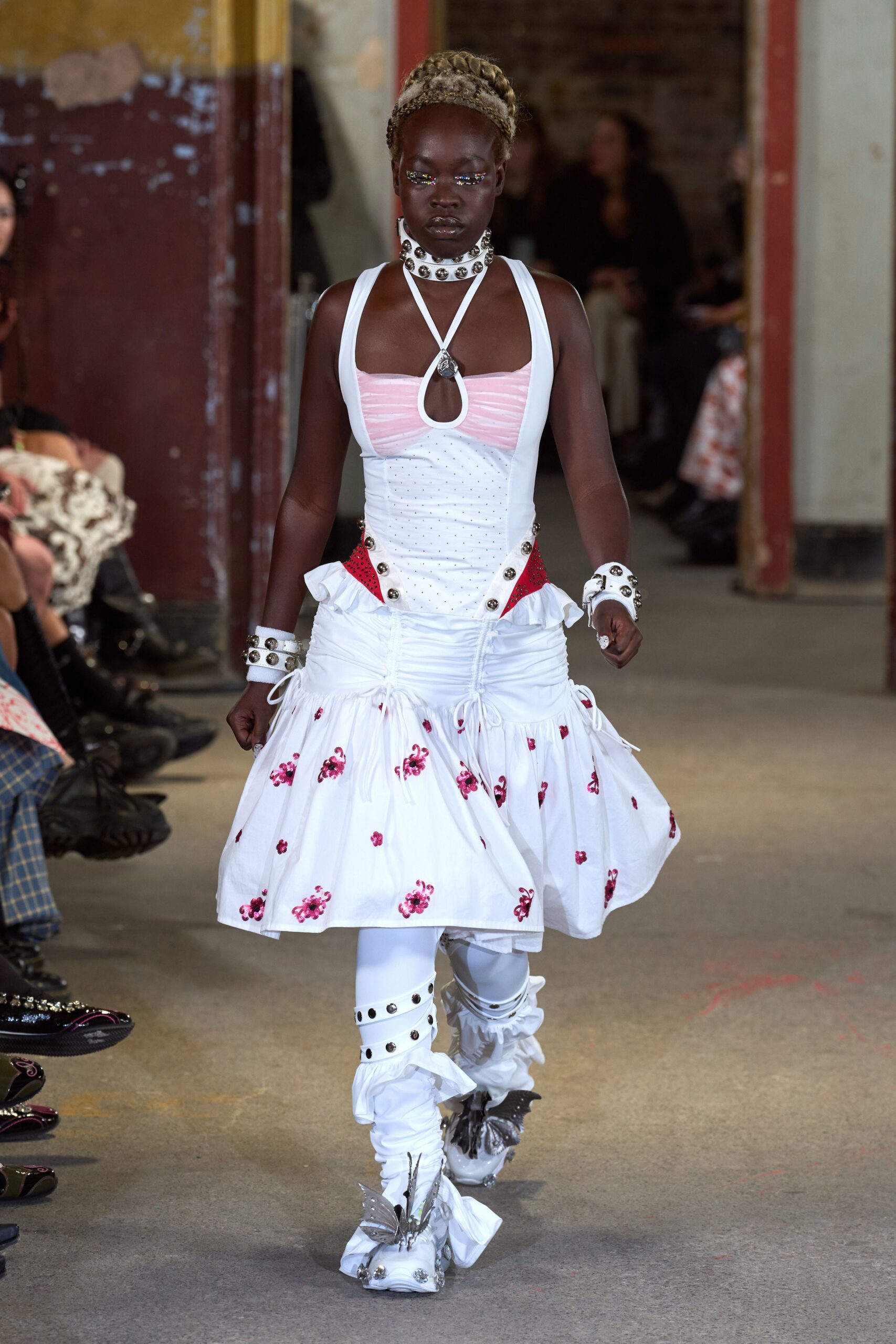 white mini dress with pink details