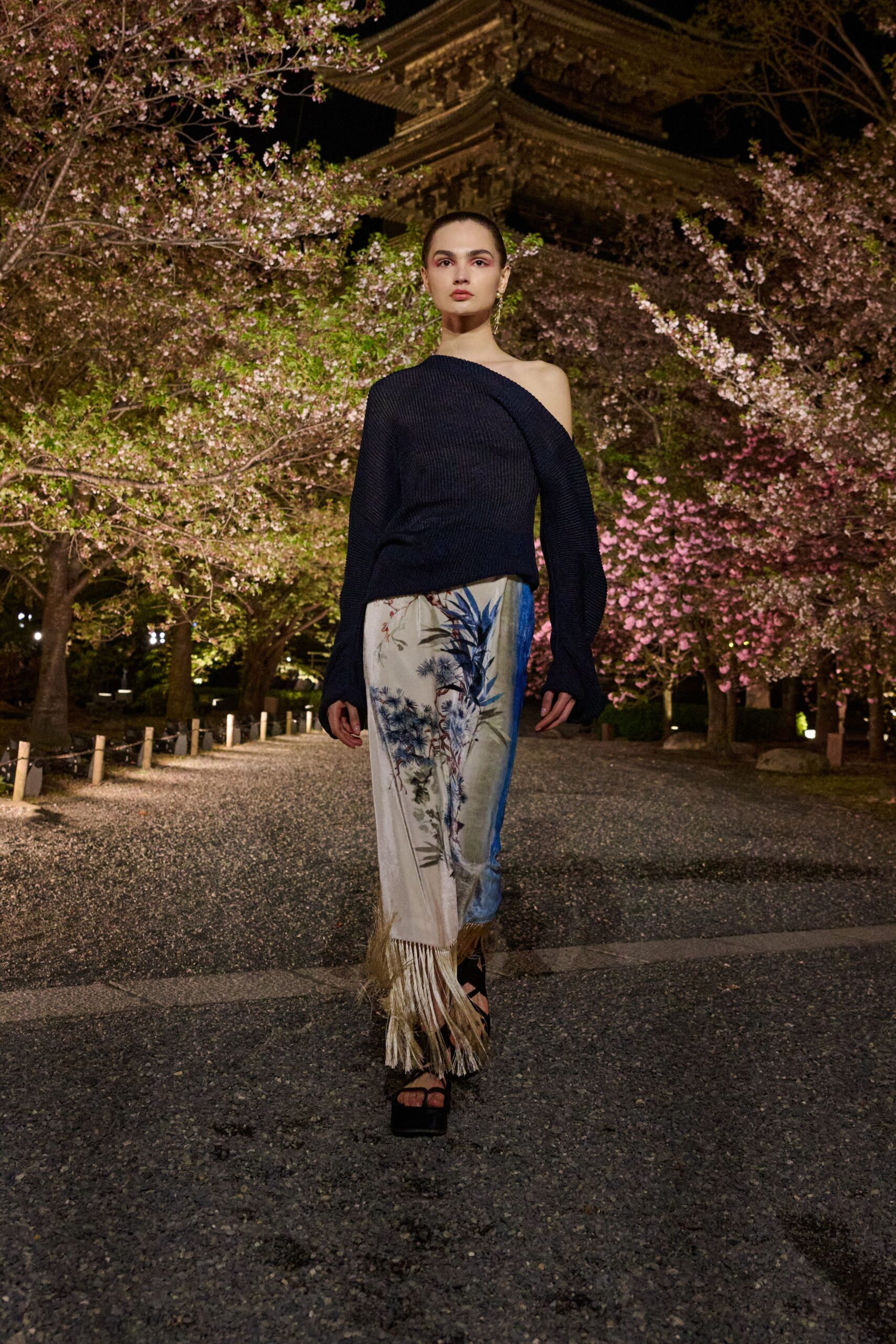 beige silk relaxed flared fringed skirt