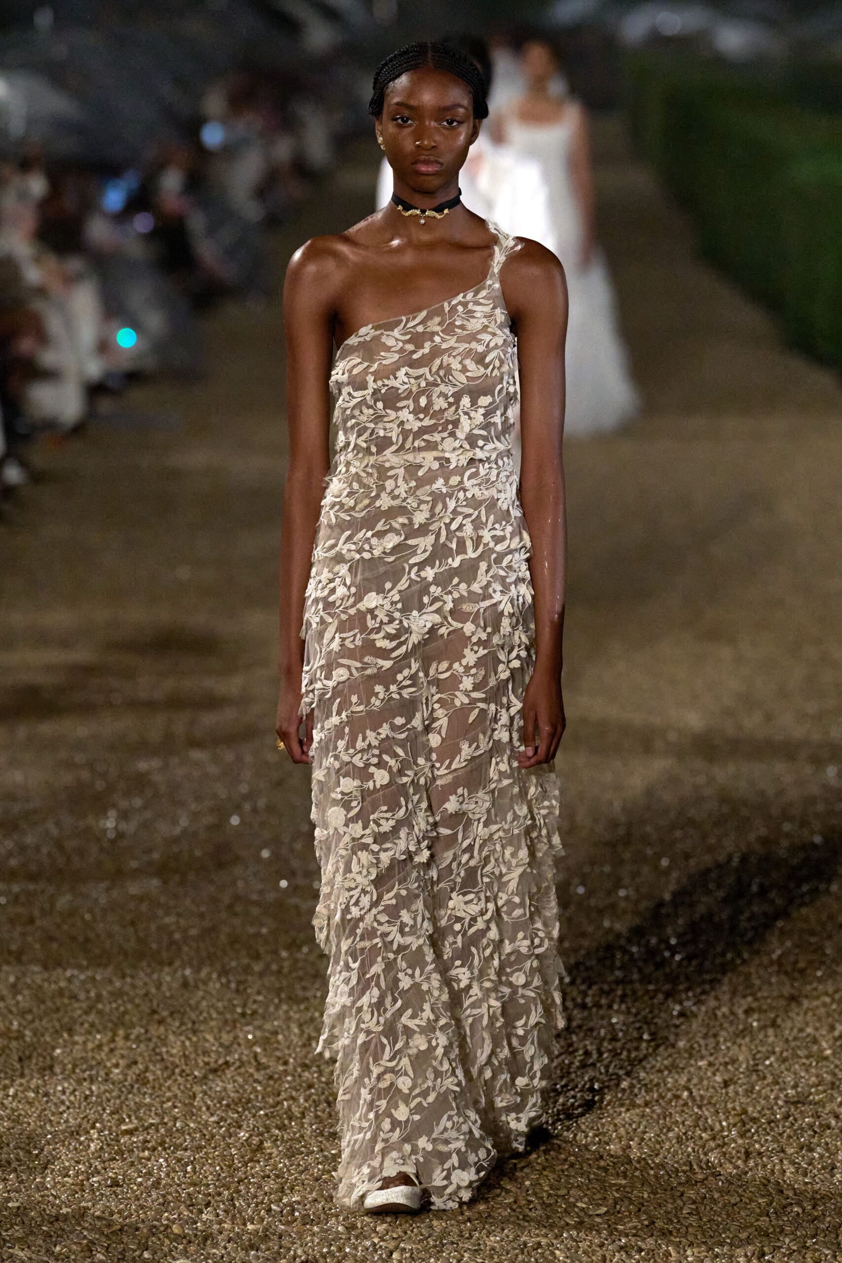 beige lace off-shoulder gown