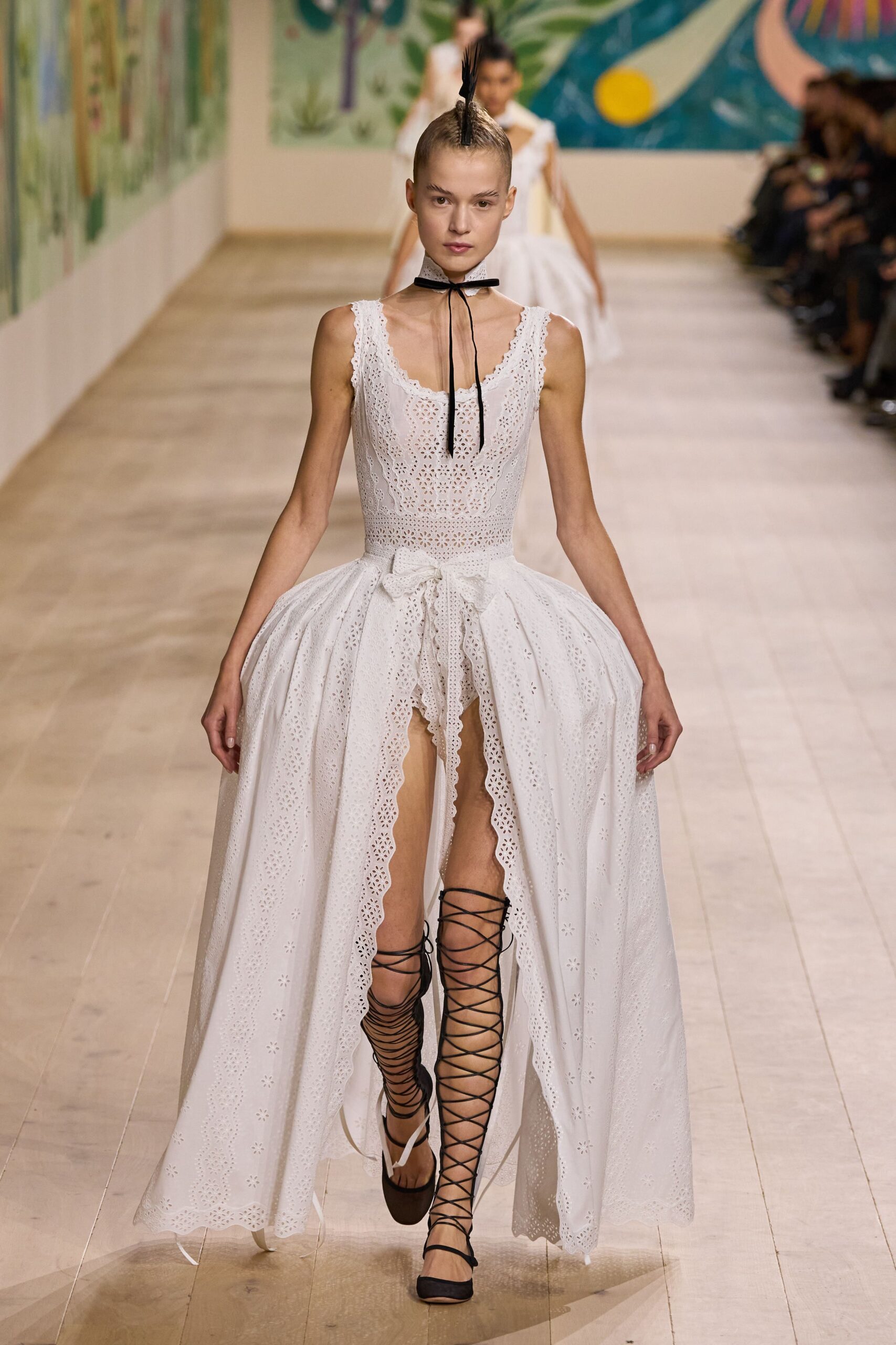 white cotton sleeveless v-neck fitted pleated embroidered gown