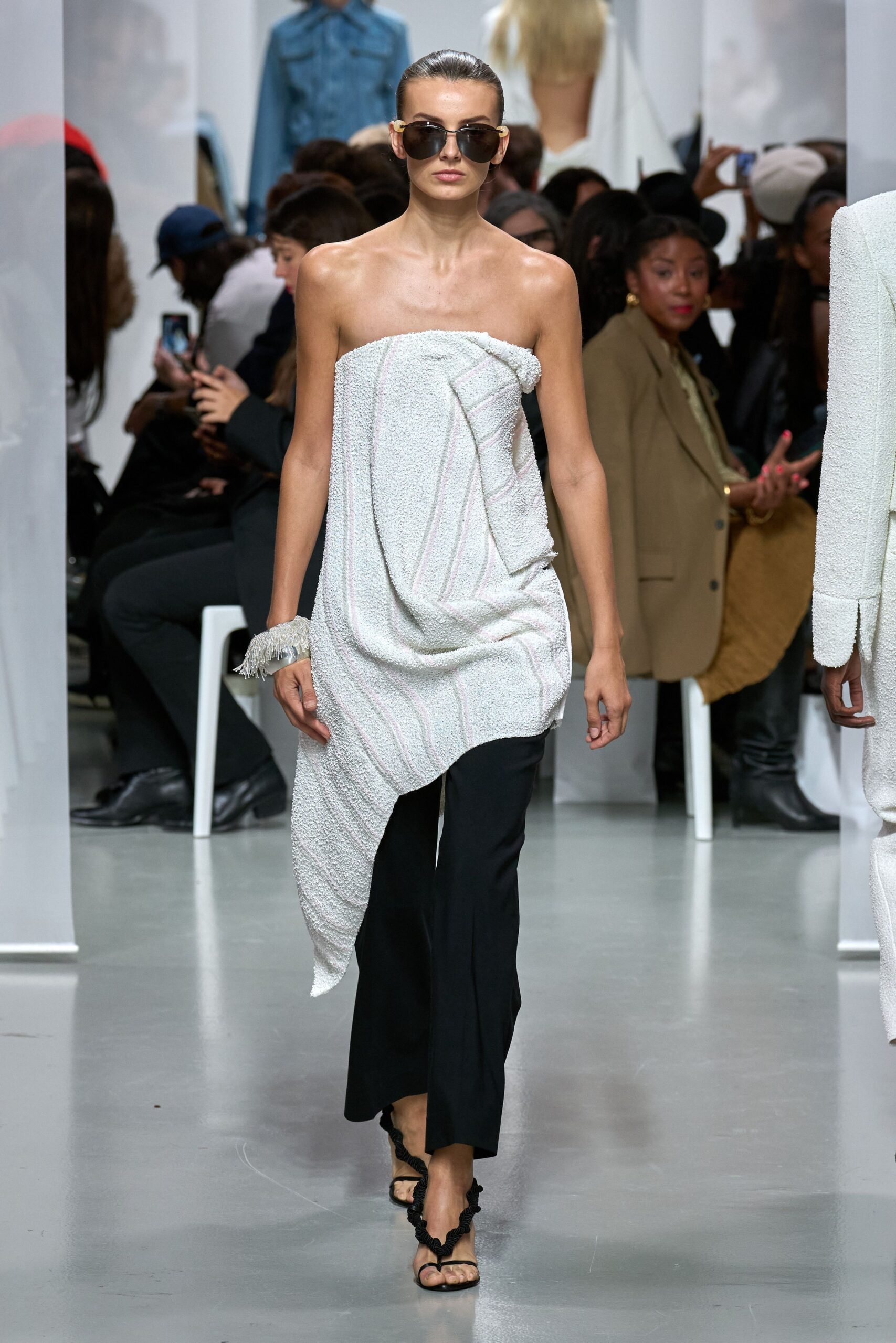 white cotton strapless fitted draped top