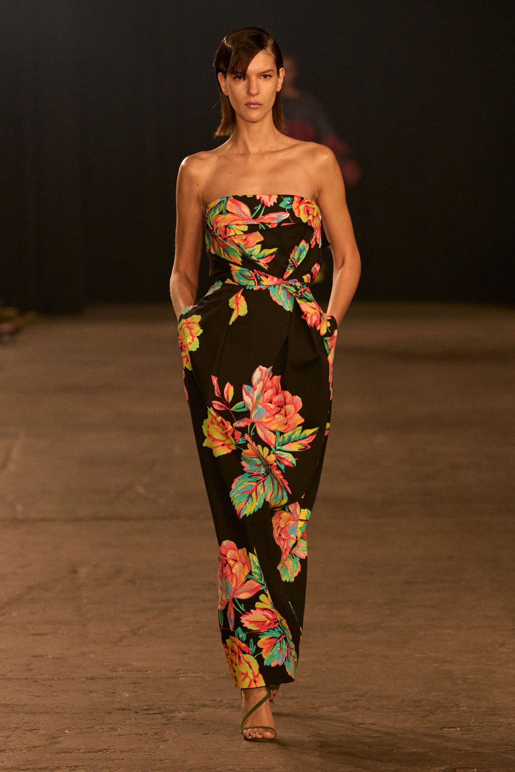 black floral strapless gown