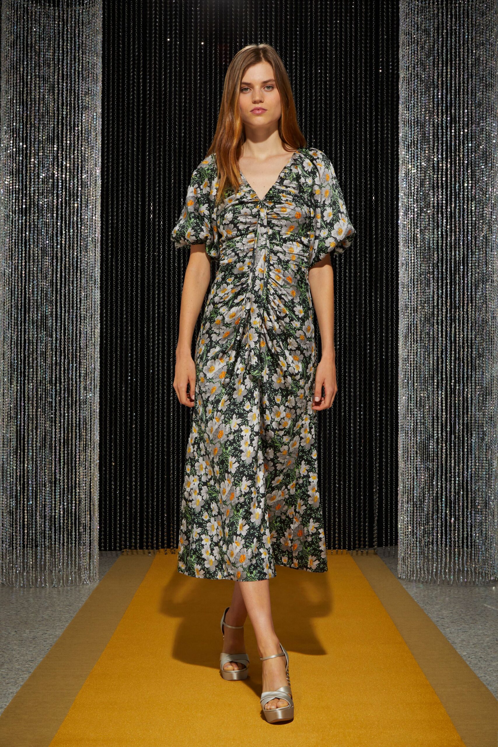 floral midi dress with strappy shoes