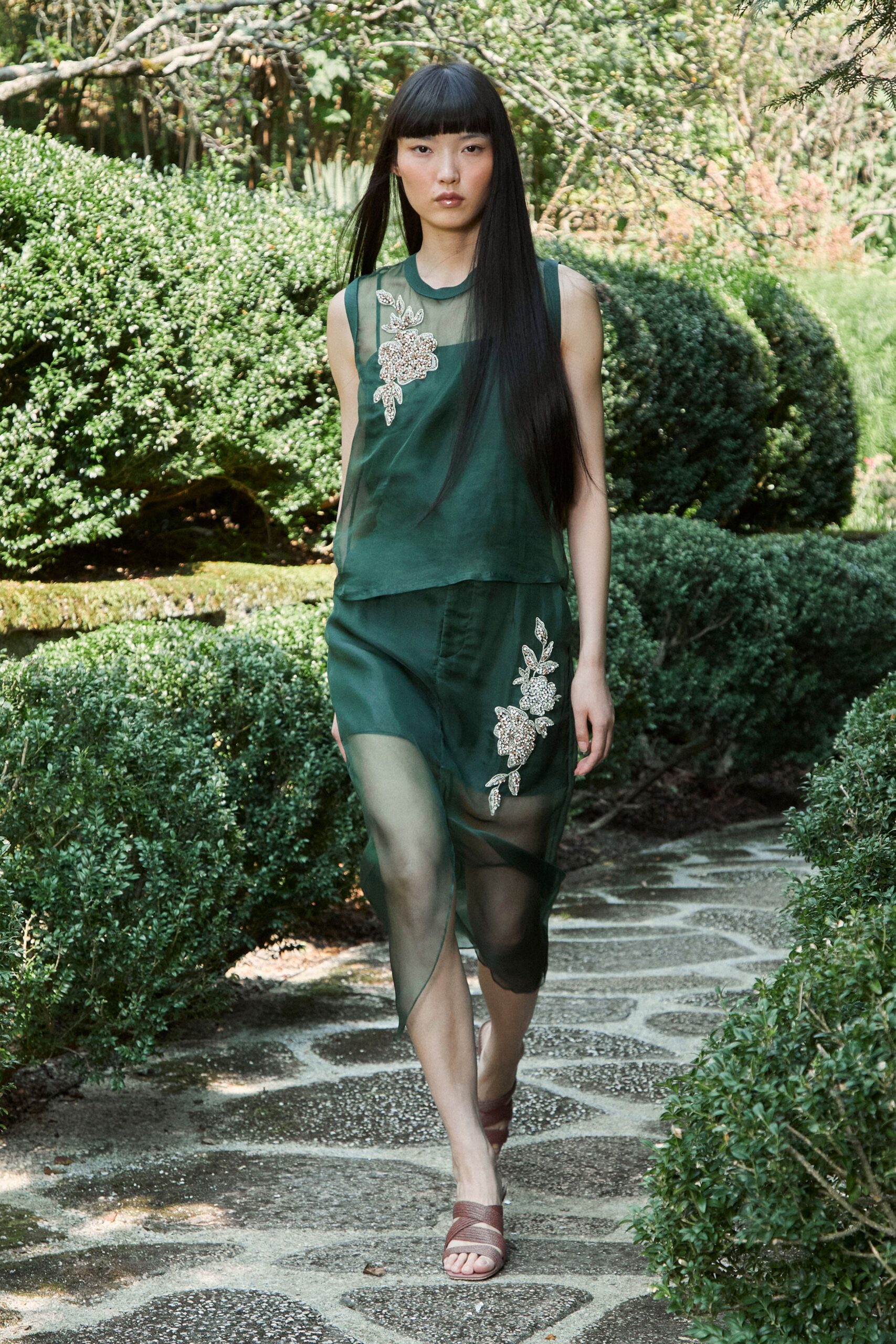green silk asymmetric fitted embroidered sheer midi skirt
