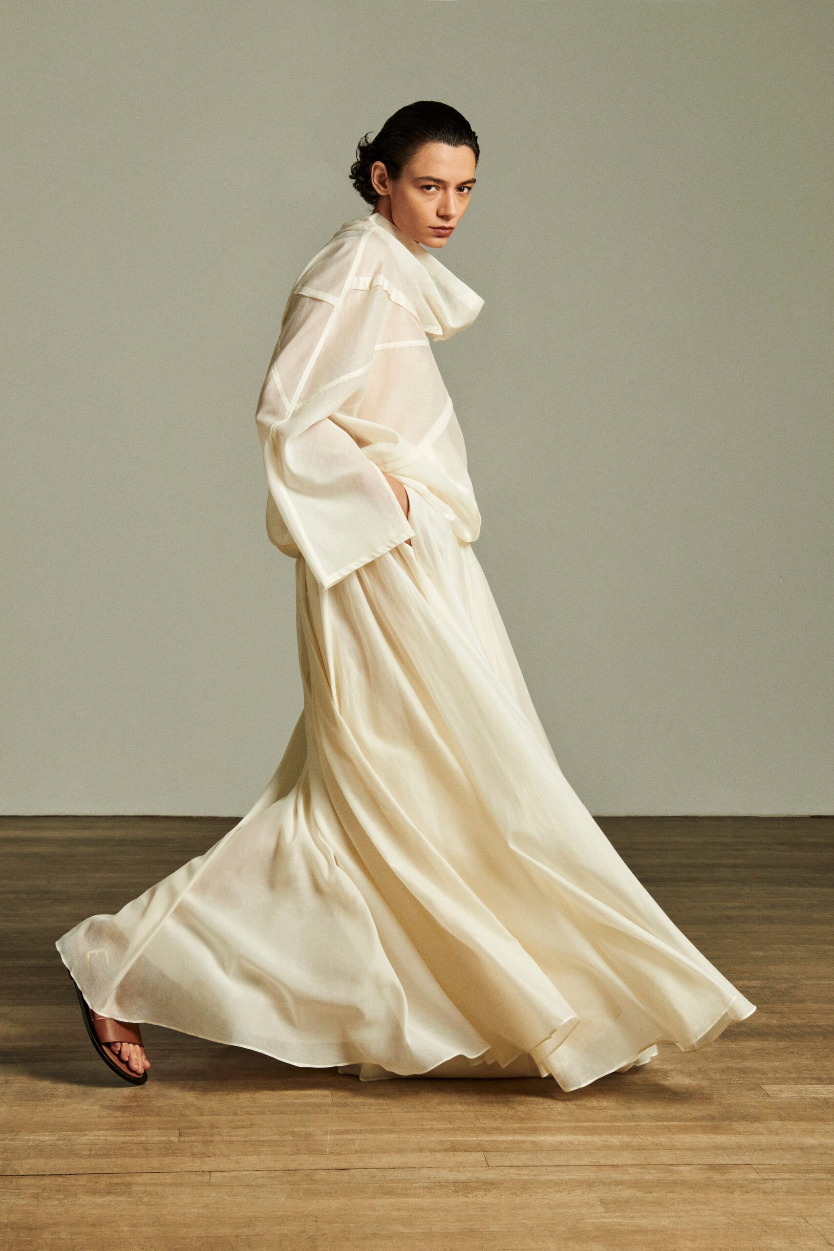 white cotton long-sleeve collared relaxed draped flowing top