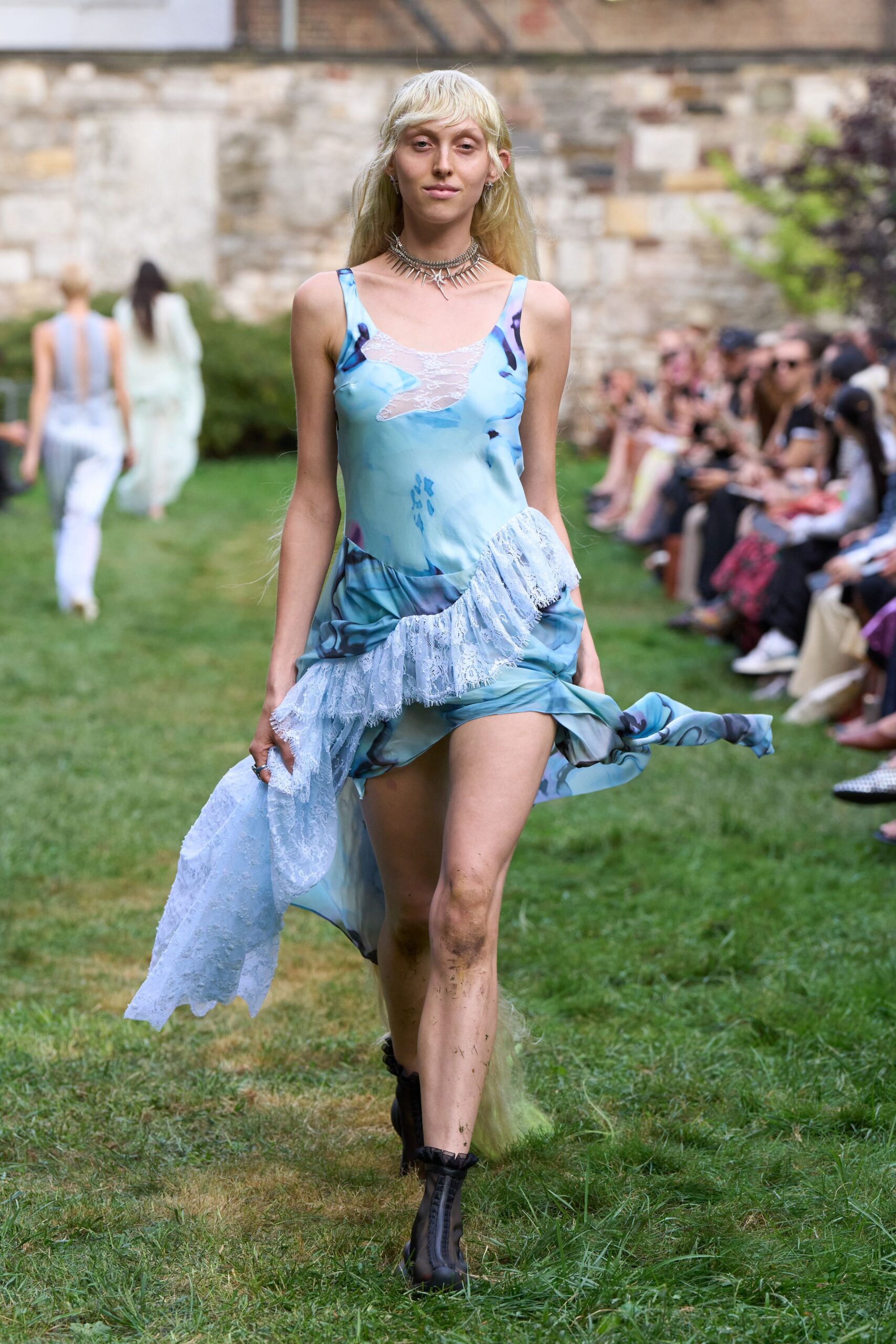 blue silk sleeveless v-neck fitted flared flowing dress
