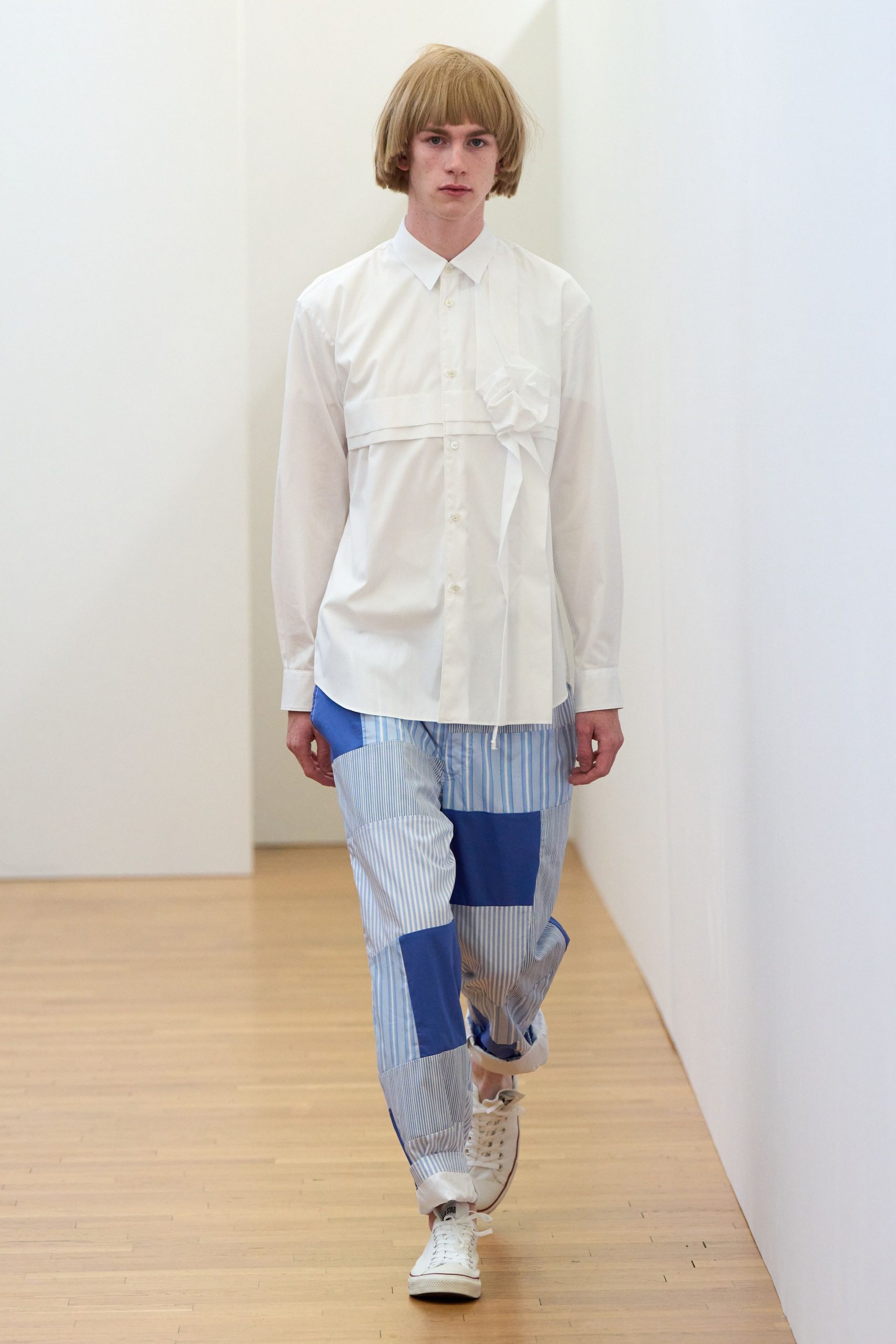 blue cotton relaxed patchwork pants