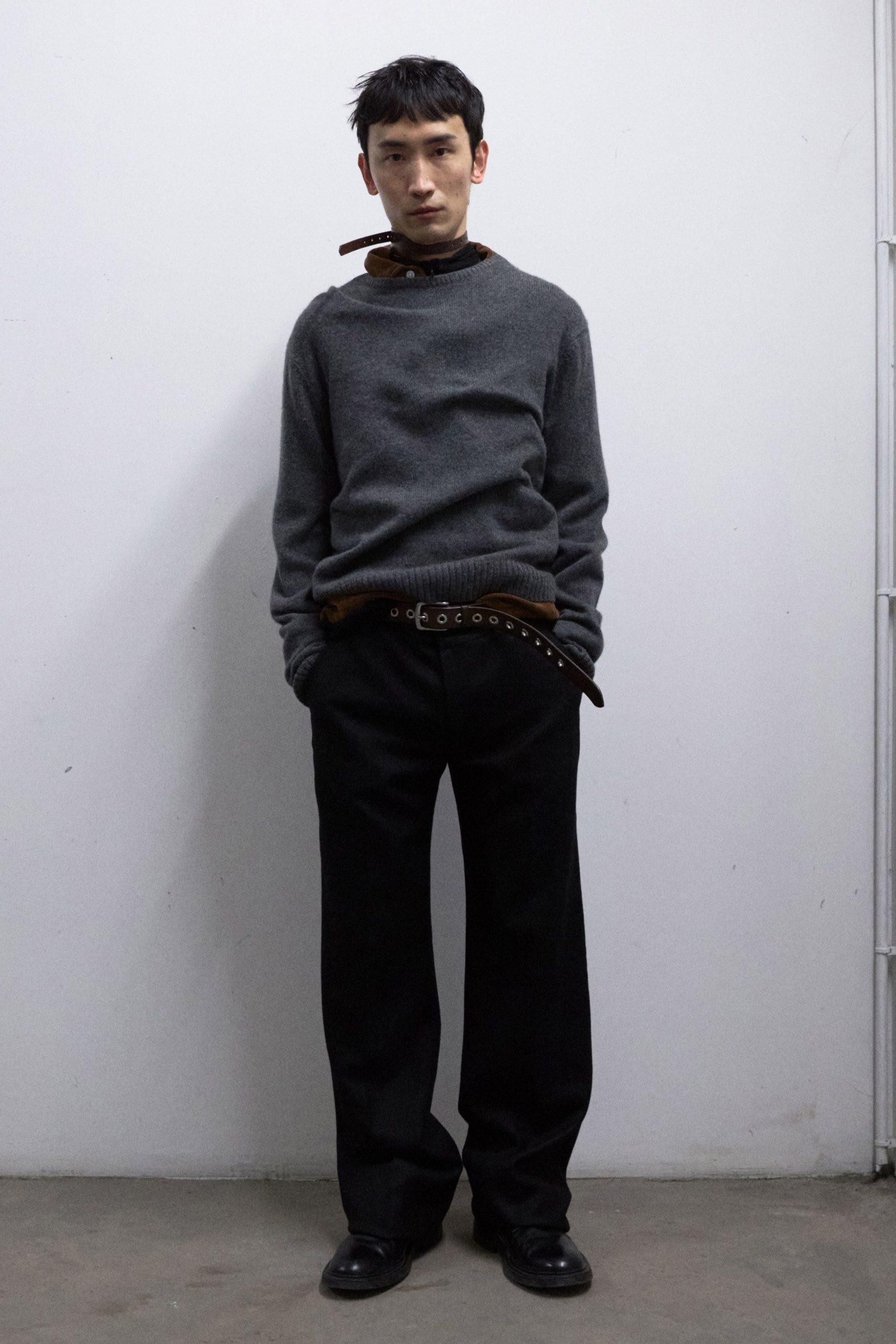 gray wool sweater with black pants
