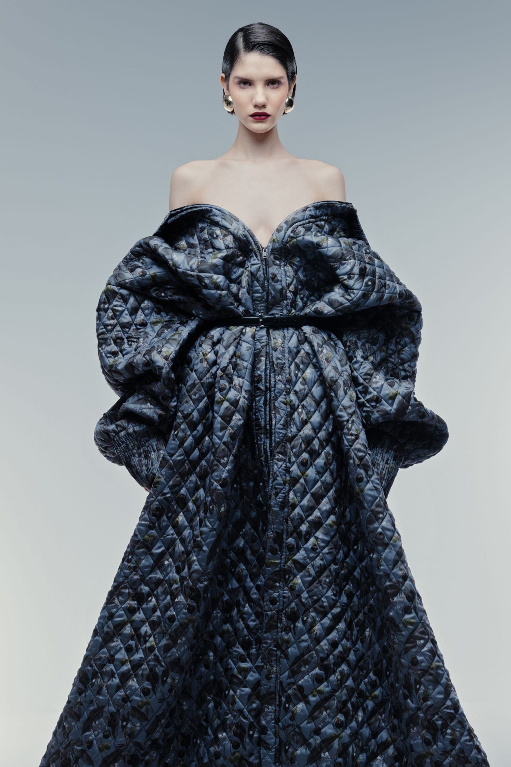 black silk off-shoulder gown