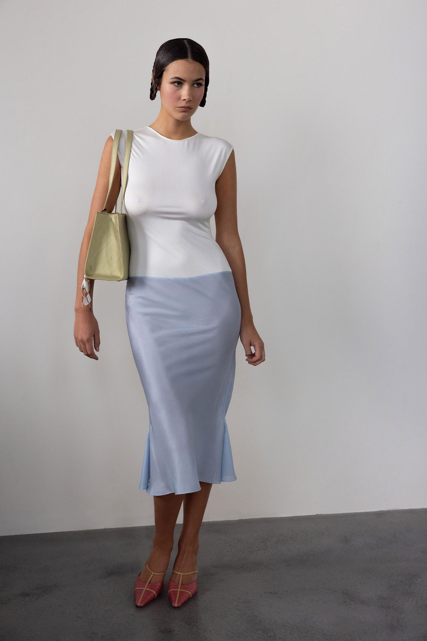 blue silk slit fitted flared midi skirt