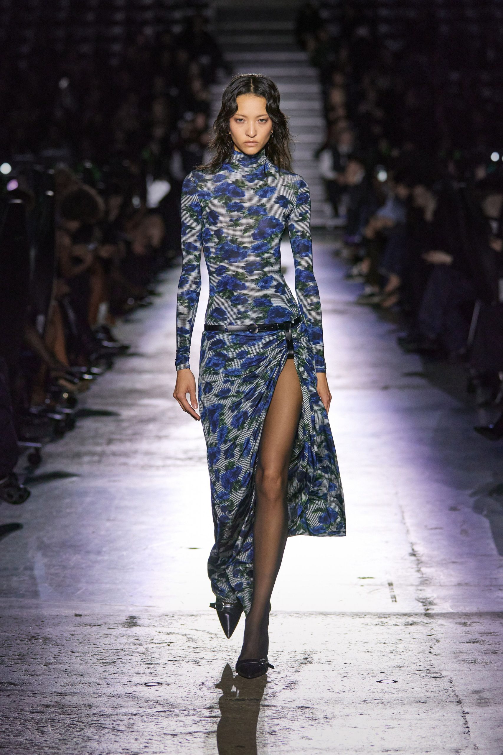 blue jersey long-sleeve high-neck fitted flared midi dress