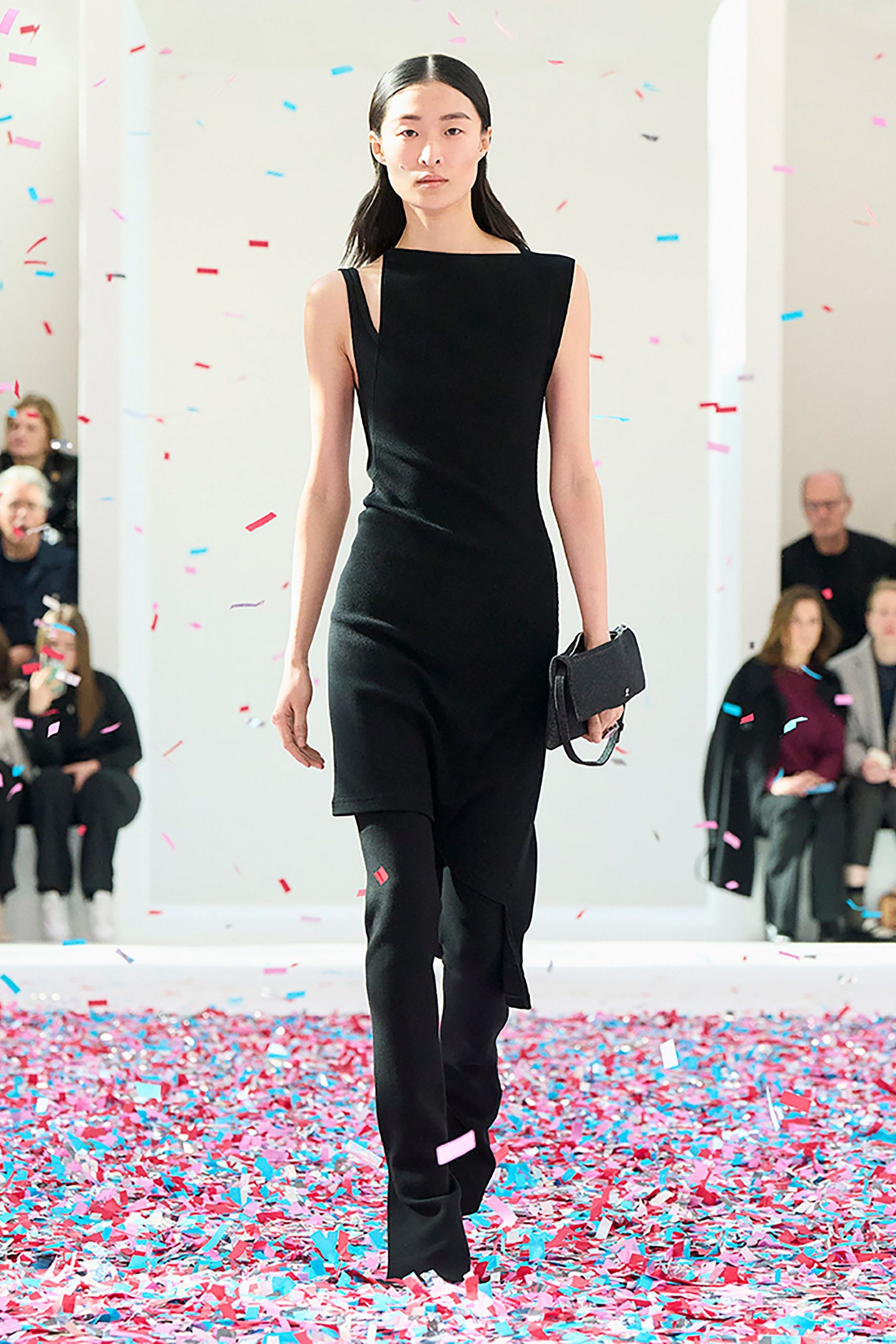 black wool sleeveless high-neck fitted draped midi dress