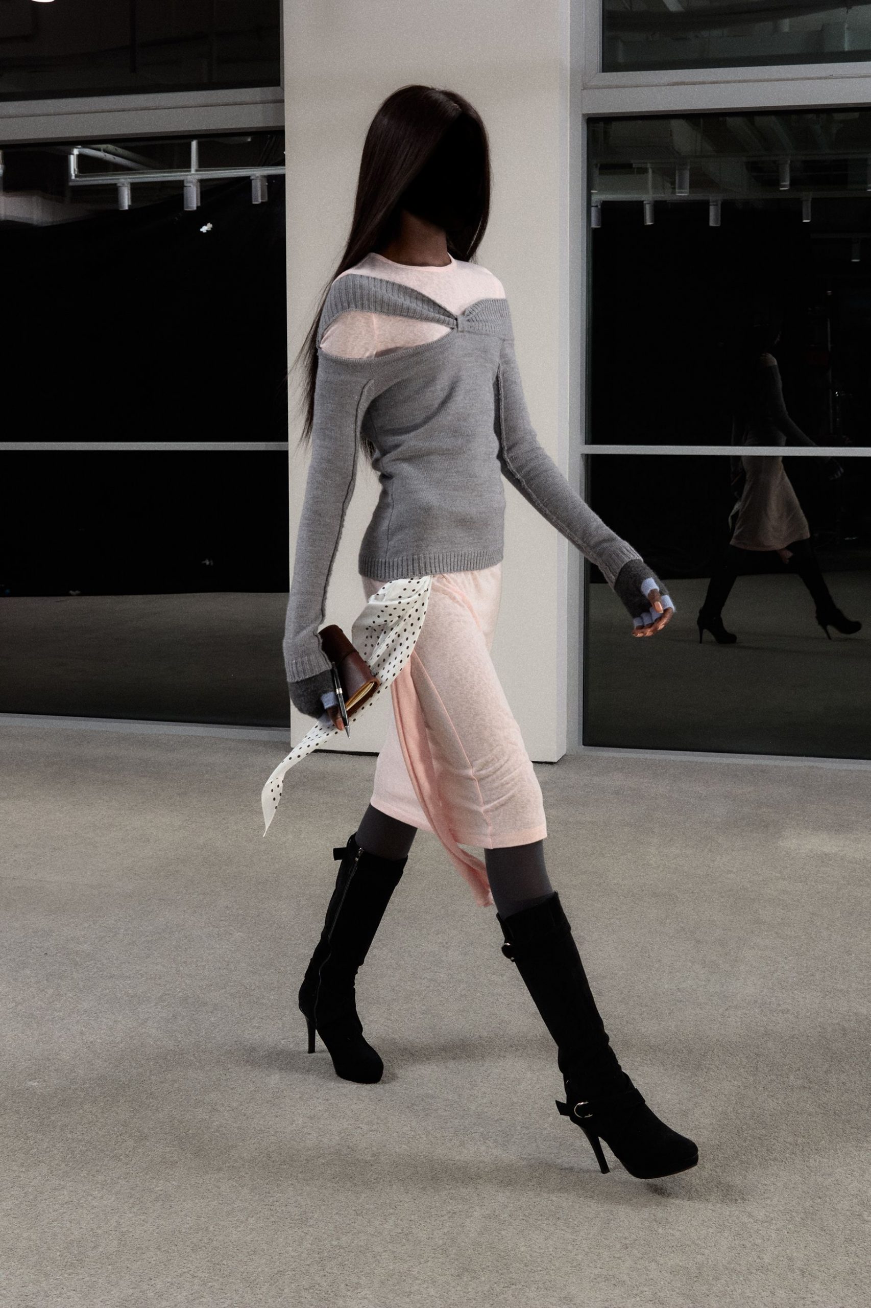 gray wool long-sleeve v-neck fitted draped sweater