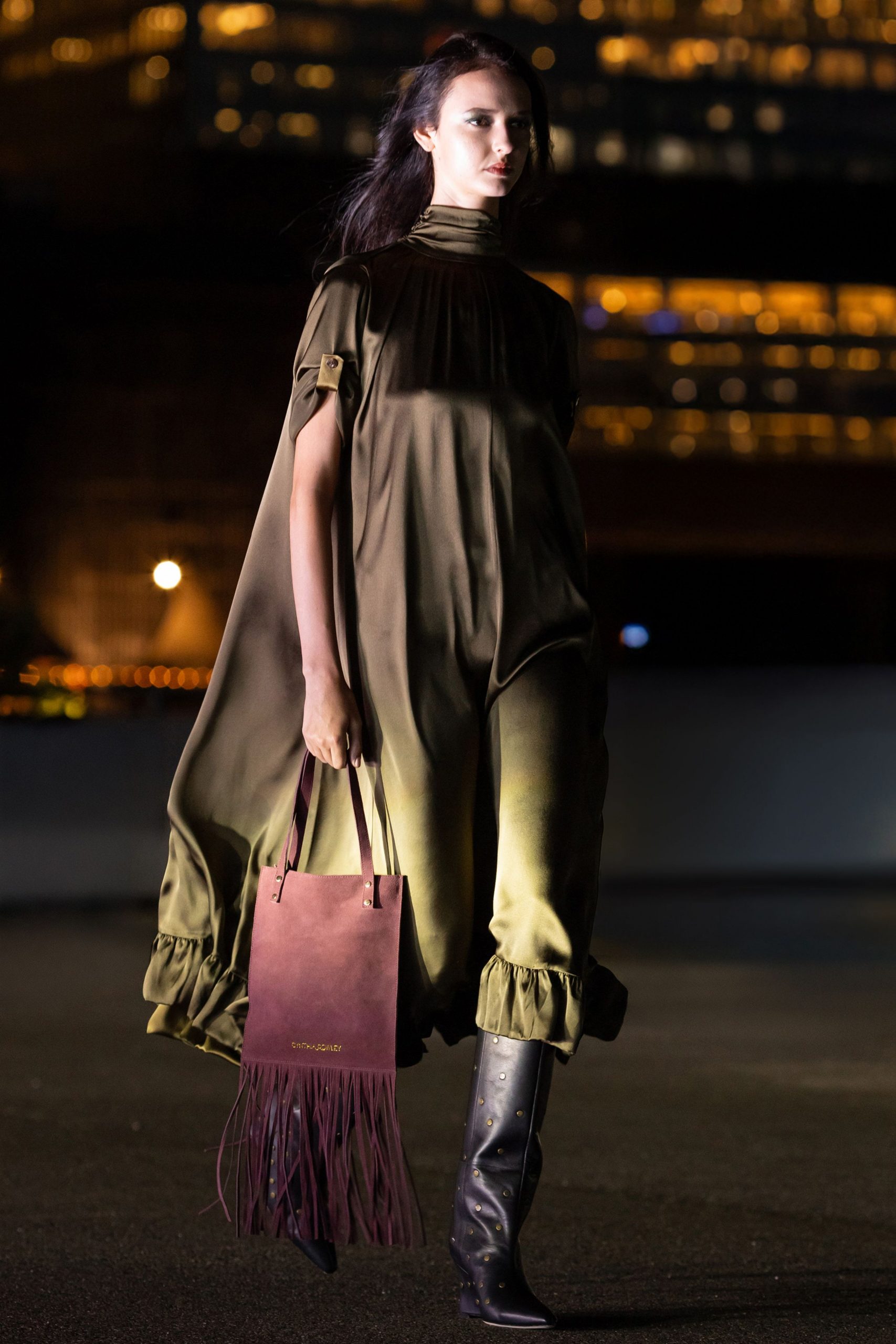 green silk sleeveless high-neck relaxed draped flowing dress