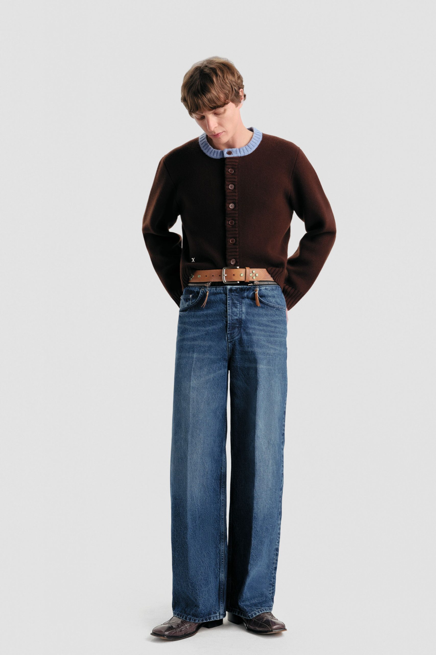 brown wool sweater with relaxed jeans