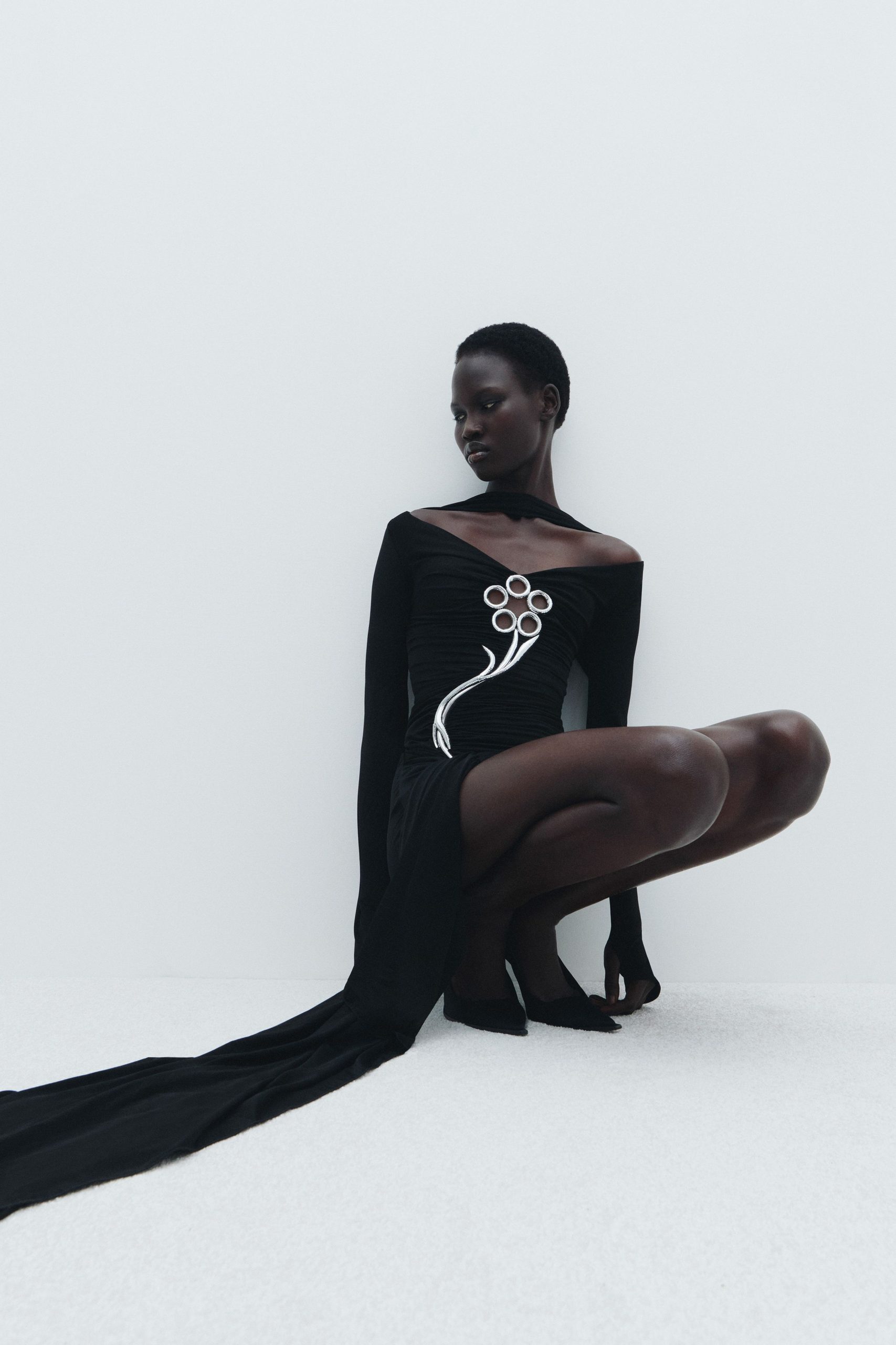 black fitted off-shoulder dress