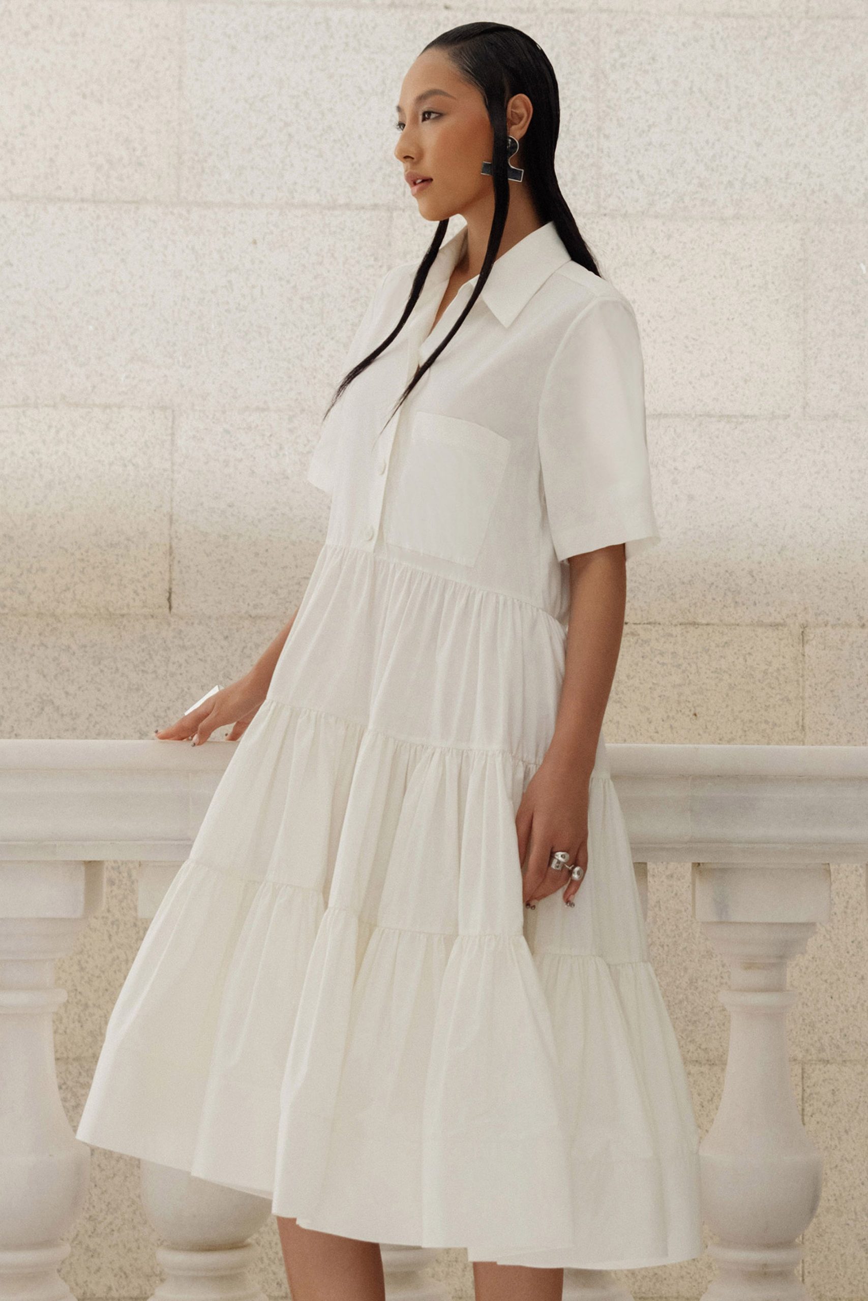 white cotton relaxed midi dress