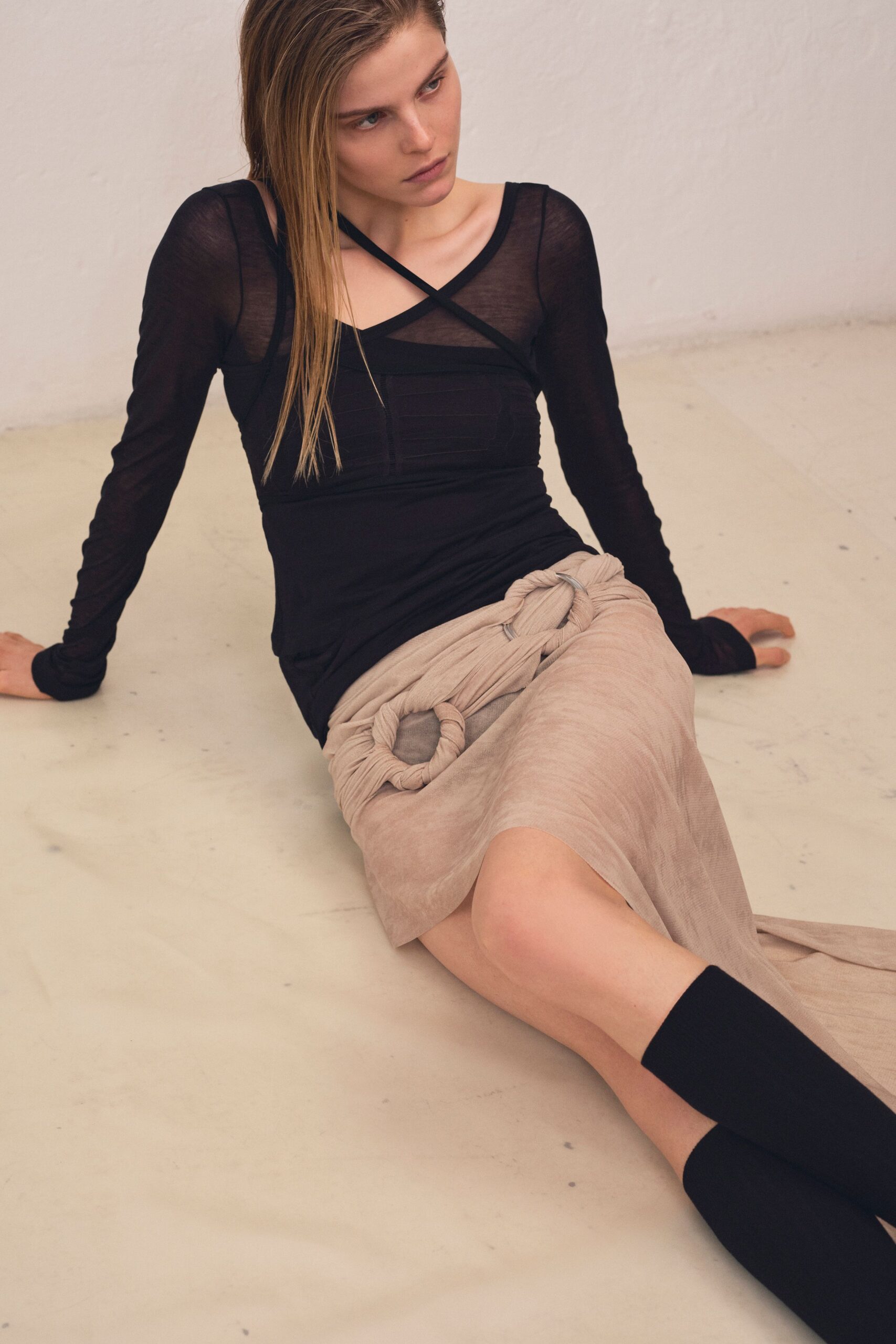 beige silk asymmetric relaxed draped midi skirt
