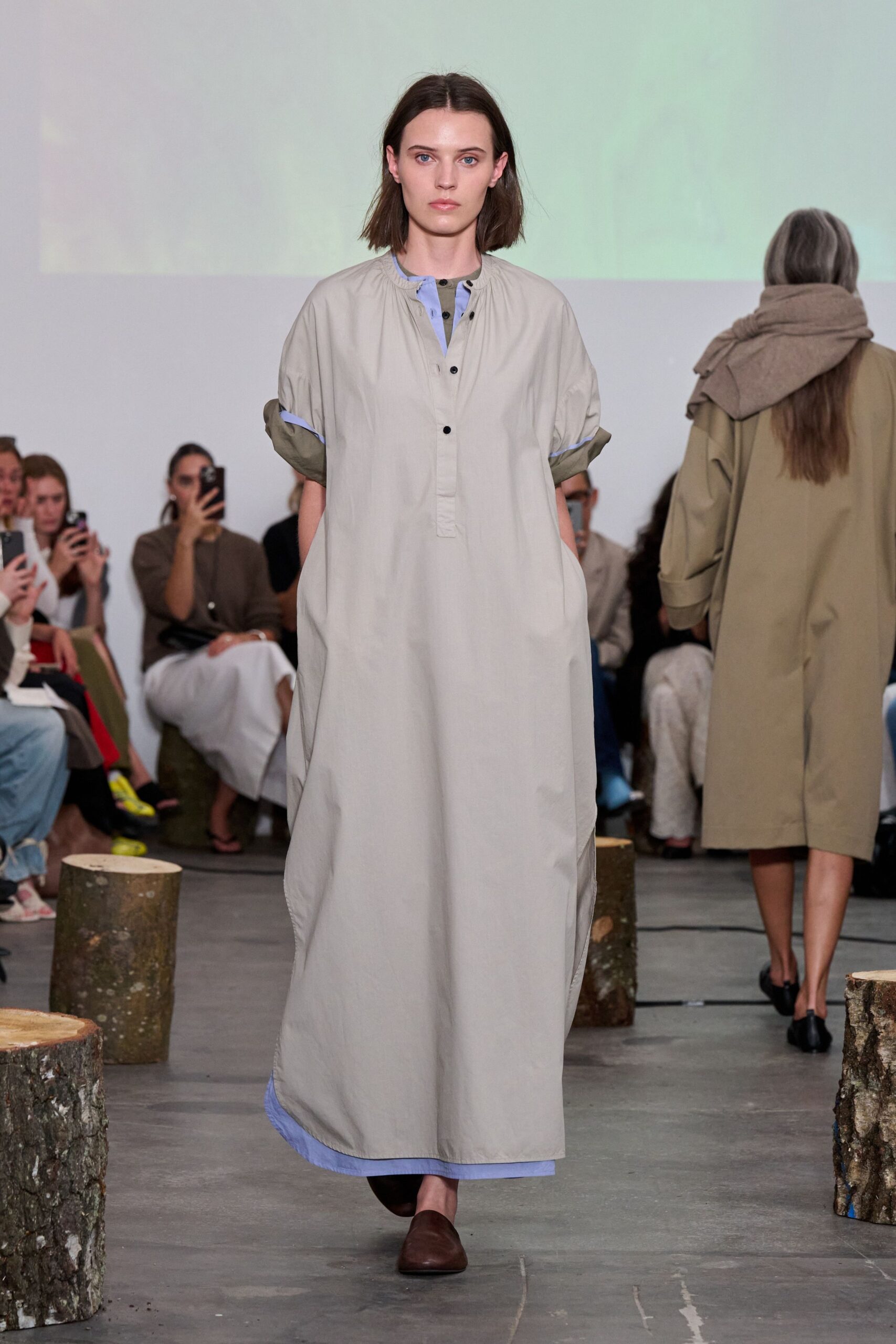 gray cotton long-sleeve collared relaxed buttoned maxi dress