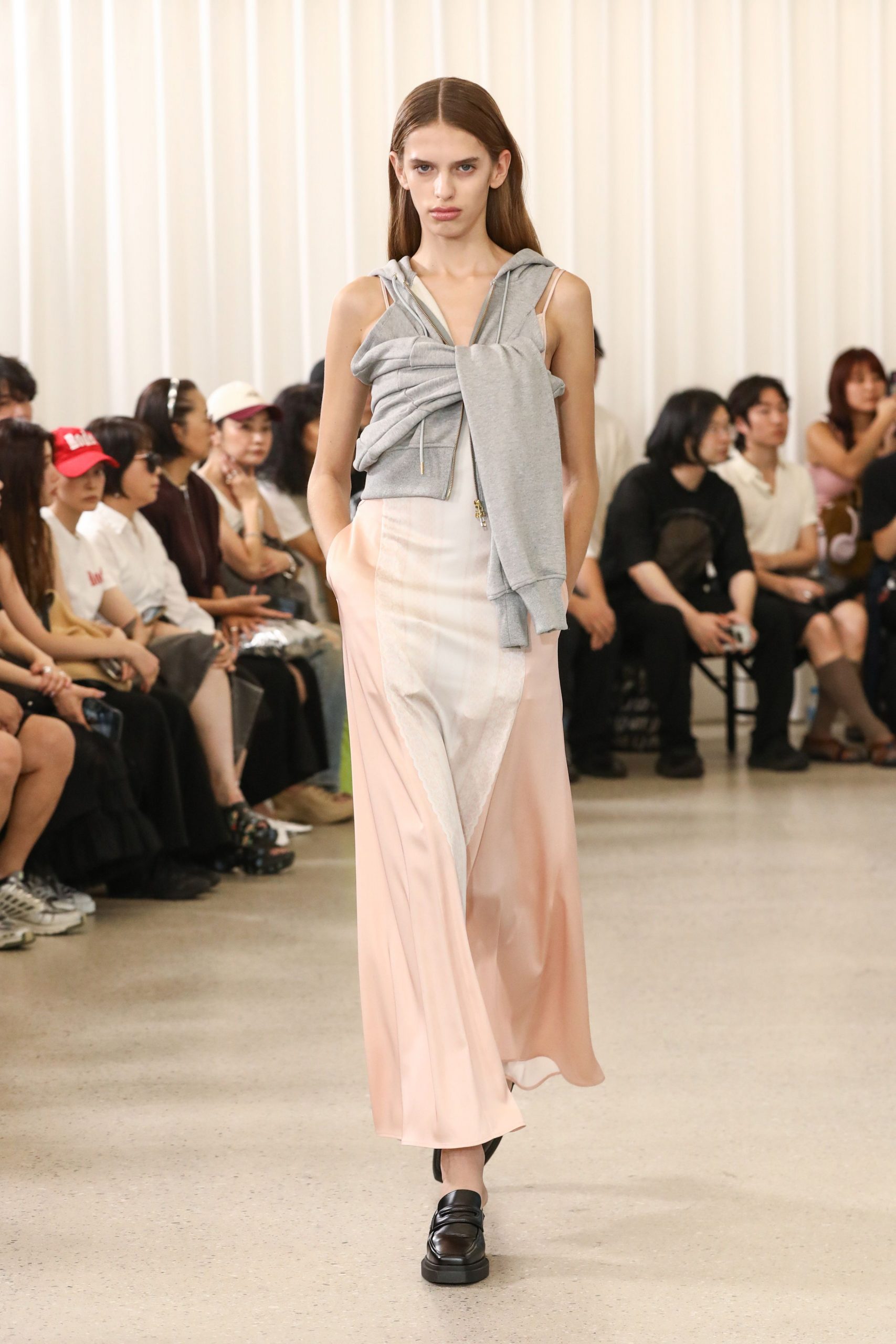 gray silk sleeveless v-neck fitted layered pleated dress