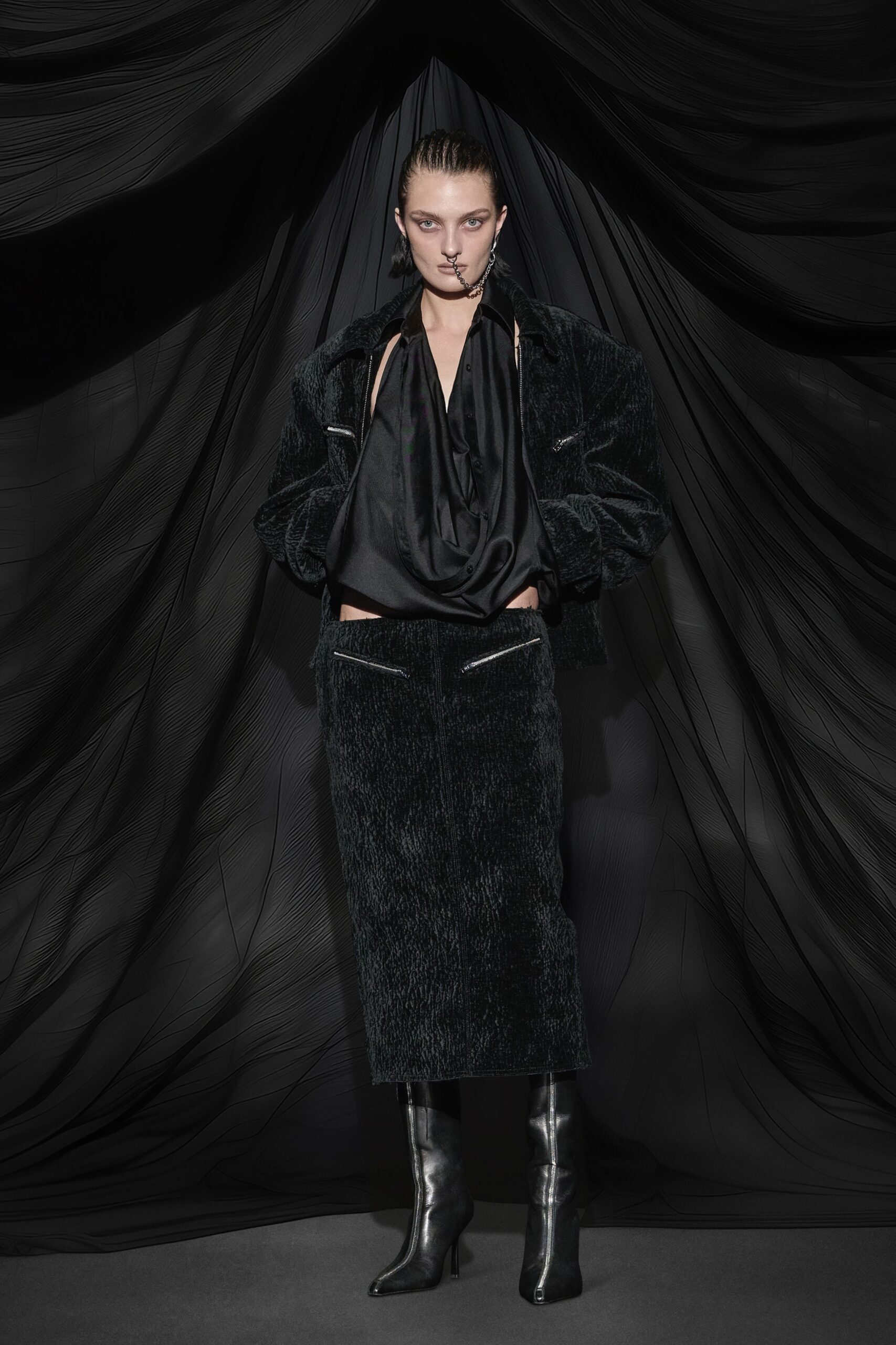 black fur fitted pencil skirt